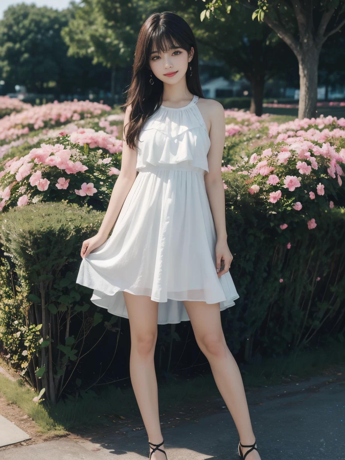 (ultra realistic) , (illustration), (increase resolution), (8K), (extremely detailed), (best illustration), (beautiful detailed eyes), (best quality), (ultra-detailed), (masterpiece), (wallpaper), (detailed face), solo,1 girl, looking at viewers, black straight hair, delicate details, in the dark, deep shadow, low key, pureerosfaceace_v1, happy smile, summer dress, full body, flower garden