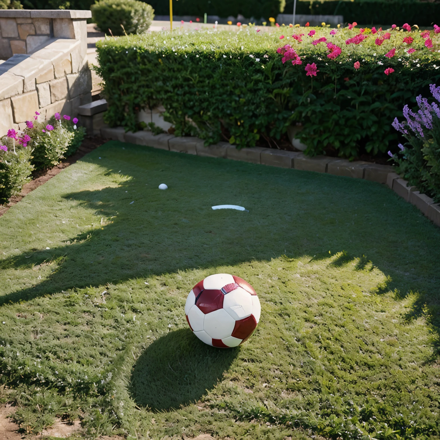 A football in the flowerbed