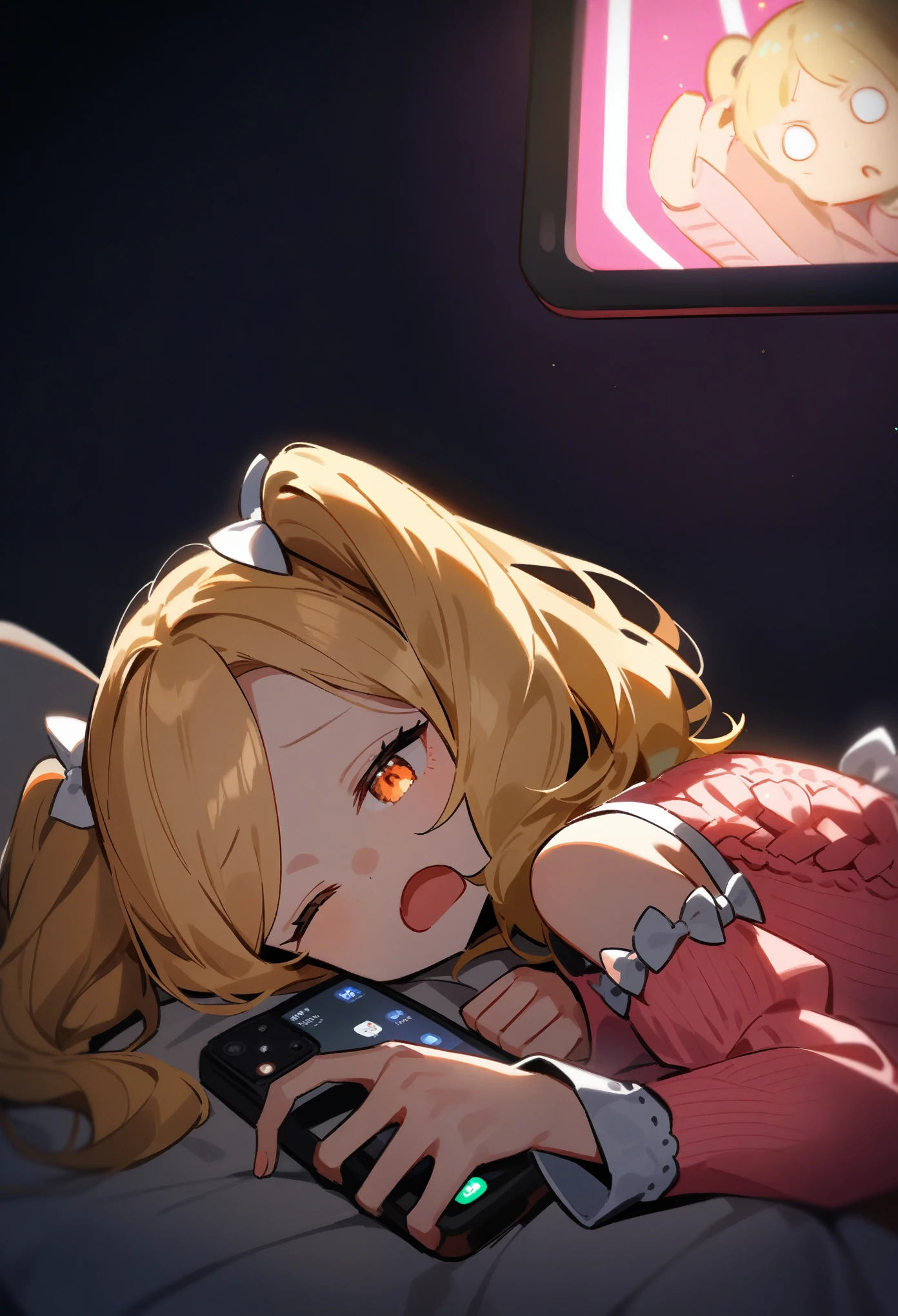 ((masterpeice)), rating:safe, adult, skinny, ta, half-close_eyes, 18_years_old, braided_twintails, forehead, orange_eyes, one_eye_open, one_eye_closed, yawn, tired, kicking legs, head, blonde, phone, dimly lit, indoors, dark, hands, perfect_fingers, pink_sweater, cut_out_shoulders, crochet_sweater, white_bows_on_sleeves, half_closed_eye, depth_perception, lying down, close-up, head:0.1, phone:1.1, phone_in_foreground, smooth lighting, head in foreground, looking at phone, lying_down, pink_futon, dark_room, inside, reaching_for_phone, looking_at_phone, foreground_layers, half_asleep, dark, black surroundings, glowing phone, hang-up_button, black_background, looking_blankly_at_phone, reaching for her phone:1.1, small but, soles_of_feet
