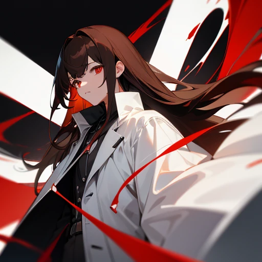 Long, straight, brown hair with black tips、Bangs are blunt、Red eye color、boy、Researcher、Wearing a white coat