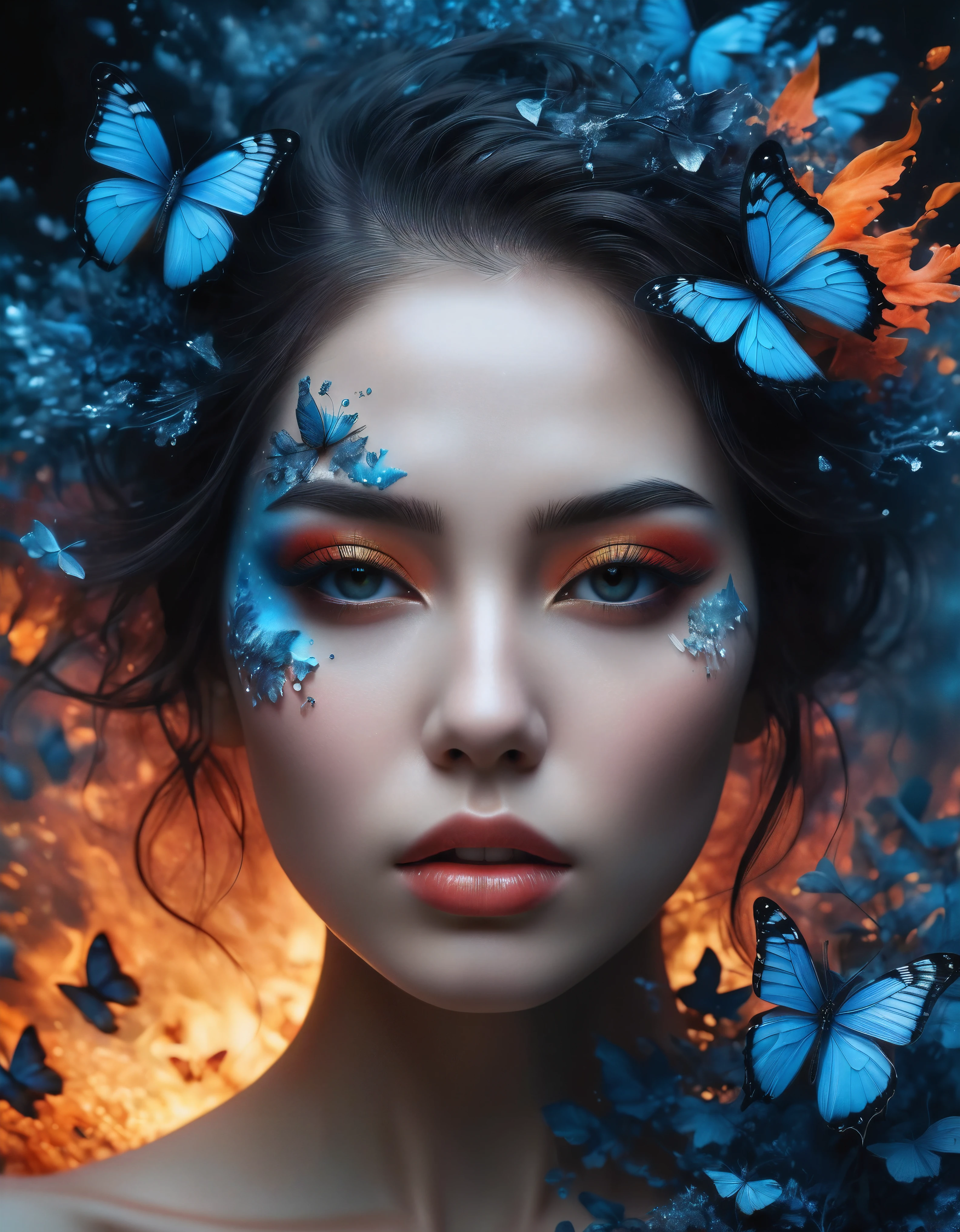 ((Masterpiece in maximum 16K resolution):1.6),((soft_color_photograpy:)1.5), ((Ultra-Detailed):1.4),((Movie-like still images and dynamic angles):1.3) | (double contact:1.3), Beautiful blue butterfly silhouette effect, Superimposed on Very Pretty Female《dark forest sky》Agnes Cecile, Jeremy Mann, Oil and ink on canvas, fine art, super dramatic light, photoillustration, amazing depth, the ultra-detailed, iridescent red, superfluous dreams, intricately details, amazing depth, Amazing atmosphere, Mesmerizing whimsical vibrant landscapes, Maximalism (beautiful outside, Ugly inside, pressure and pain, beauty and despair, hard and soft, positive and negative, hot and cold, Sweet and sour, Vibrant but boring, Perfect harmony, light and shadows, hot and cold, old and young, Fire and ice, Yin and yang, australian, Black and white, hot and cold, organic and mechanical, Corresponding color, loud and quiet, Chaos and peace, day and night:1.2) The complex masterpiece of a real-time engineering leader. | Rendered in ultra-high definition with UHD and retina quality, this masterpiece ensures anatomical correctness and textured skin with super detail. With a focus on high quality and accuracy, this award-winning portrayal captures every nuance in stunning 16k resolution, immersing viewers in its lifelike depiction. | ((perfect_composition, perfect_design, perfect_layout, perfect_detail, ultra_detailed)), ((enhance_all, fix_everything)), More Detail, Enhance.