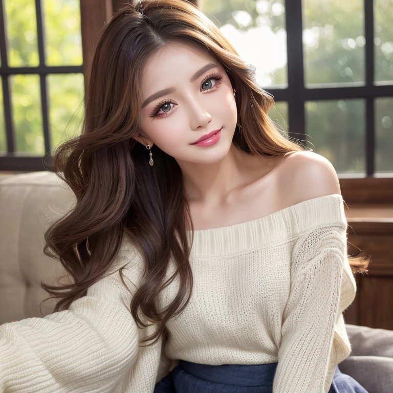 ((highest quality, Tabletop, Ultra-high resolution、The most complex and detailed depiction))、Natural lighting、(spring-like clothes)、(Beautiful woman:1.1)、(Long Wavy Hair:1.05), (Accurate anatomy:1.1)、Colored contact lenses、Perfect Makeup、Natural Lip、Highly saturated eyeshadow、A loose off-the-shoulder knit、Short skirt、Blurred Background, Look at me and smile、Fine dining、(Face close-up:1.1)、(Ultra-high resolution光沢, Fair skin:1.1)、Ultra-high resolutionの顔、Ultra-high resolutionの髪、Ultra-high resolution sparkling eyes、Ultra-high resolution glossy lips、(Brightly lit white skin:1.1)、Beautiful face drawn in every detail、Ultra-high resolution perfect beautiful teeth、whole body, Beautiful legs