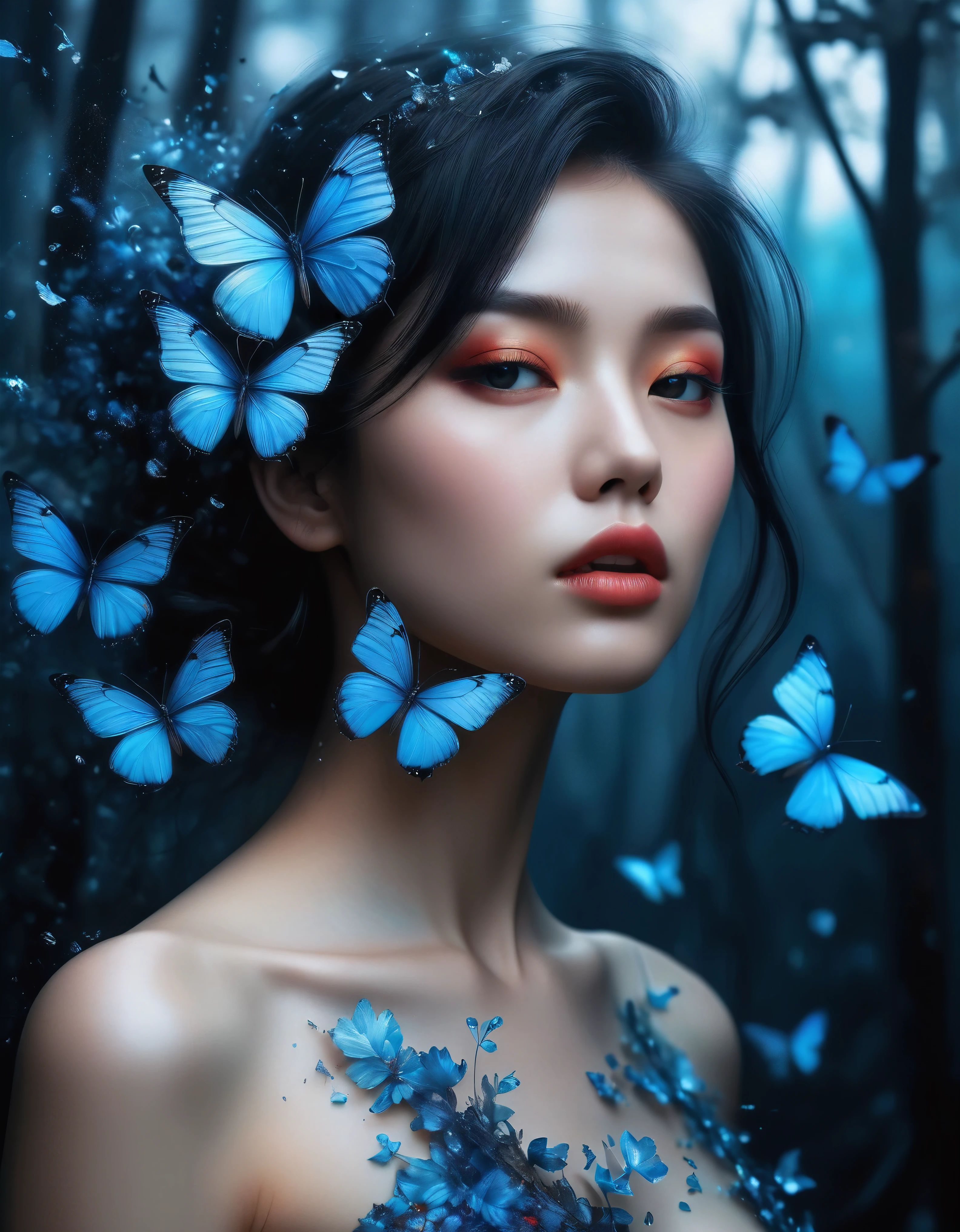 ((Masterpiece in maximum 16K resolution):1.6),((soft_color_photograpy:)1.5), ((Ultra-Detailed):1.4),((Movie-like still images and dynamic angles):1.3) | (double contact:1.3), Beautiful blue butterfly silhouette effect, Superimposed on Very Pretty Female《dark forest sky》Agnes Cecile, Jeremy Mann, Oil and ink on canvas, fine art, super dramatic light, photoillustration, amazing depth, the ultra-detailed, iridescent red, superfluous dreams, intricately details, amazing depth, Amazing atmosphere, Mesmerizing whimsical vibrant landscapes, Maximalism (beautiful outside, Ugly inside, pressure and pain, beauty and despair, hard and soft, positive and negative, hot and cold, Sweet and sour, Vibrant but boring, Perfect harmony, light and shadows, hot and cold, old and young, Fire and ice, Yin and yang, australian, Black and white, hot and cold, organic and mechanical, Corresponding color, loud and quiet, Chaos and peace, day and night:1.2) The complex masterpiece of a real-time engineering leader. | Rendered in ultra-high definition with UHD and retina quality, this masterpiece ensures anatomical correctness and textured skin with super detail. With a focus on high quality and accuracy, this award-winning portrayal captures every nuance in stunning 16k resolution, immersing viewers in its lifelike depiction. | ((perfect_composition, perfect_design, perfect_layout, perfect_detail, ultra_detailed)), ((enhance_all, fix_everything)), More Detail, Enhance.