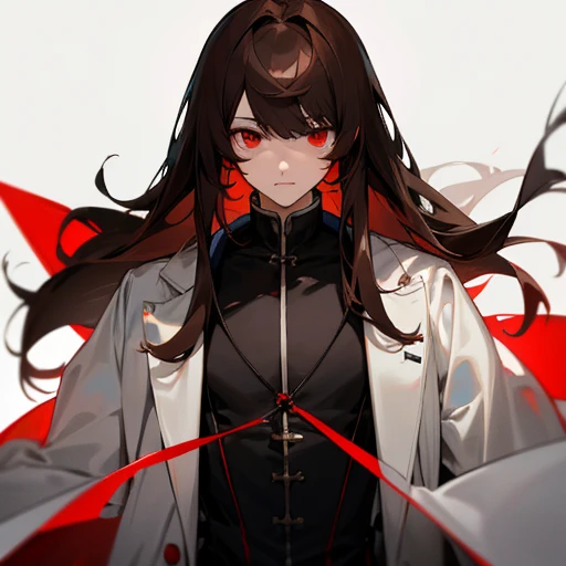 Long, straight, brown hair with black tips、Bangs are blunt、Red eye color、boy、Researcher、Wearing a white coat