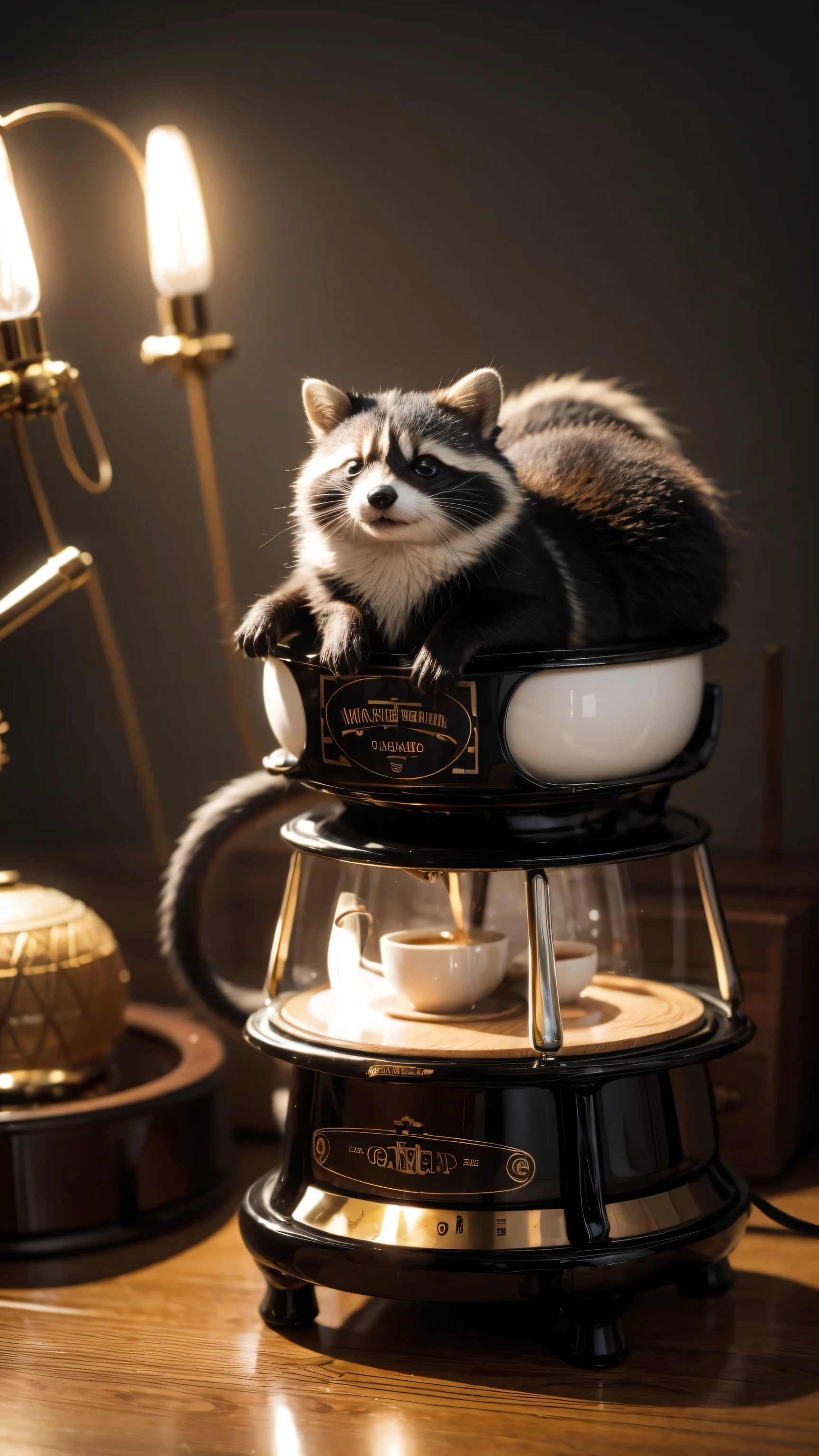 Japanese vintage miniature toys desktop, Steampunk style raccoon cat, Japanese waka, Micro coffee machine, Flowing liquid, smokes, Little Ghost, Awards, best quality, Movie Lighting, Awards, best quality, Ultra HD, Ultra HD, Multiple Views, Awards, best quality, high quality , Pixar, anime style, Pixar, anime style, Bauhaus, High Detail, High Detail, high quality