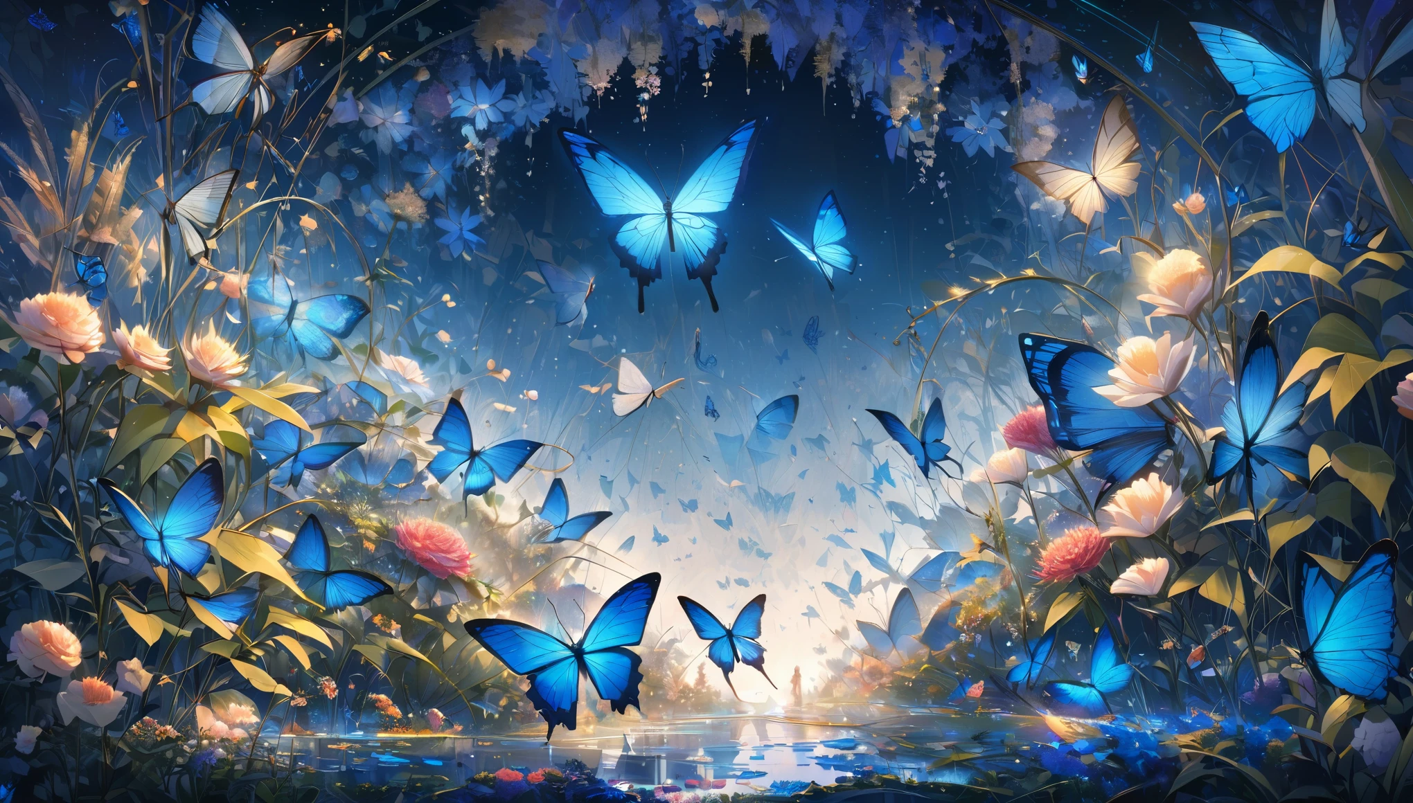 Create an ultra-realistic ecosystem illustration featuring a blue butterfly hovering over a blossom, surrounded by other flowers, leaves, and minute insect movements. The model must delicately depict the butterfly's intricate wings, antennae, and body details, including the vibrant blue hue and delicate patterns. Simultaneously, exhibit the intricate petals, stamens, and the dewdrops and veins on the leaves. In the background, capture the flight paths and activities of other tiny insects, creating a vivid and meticulously detailed insect world centered around the blue butterfly.