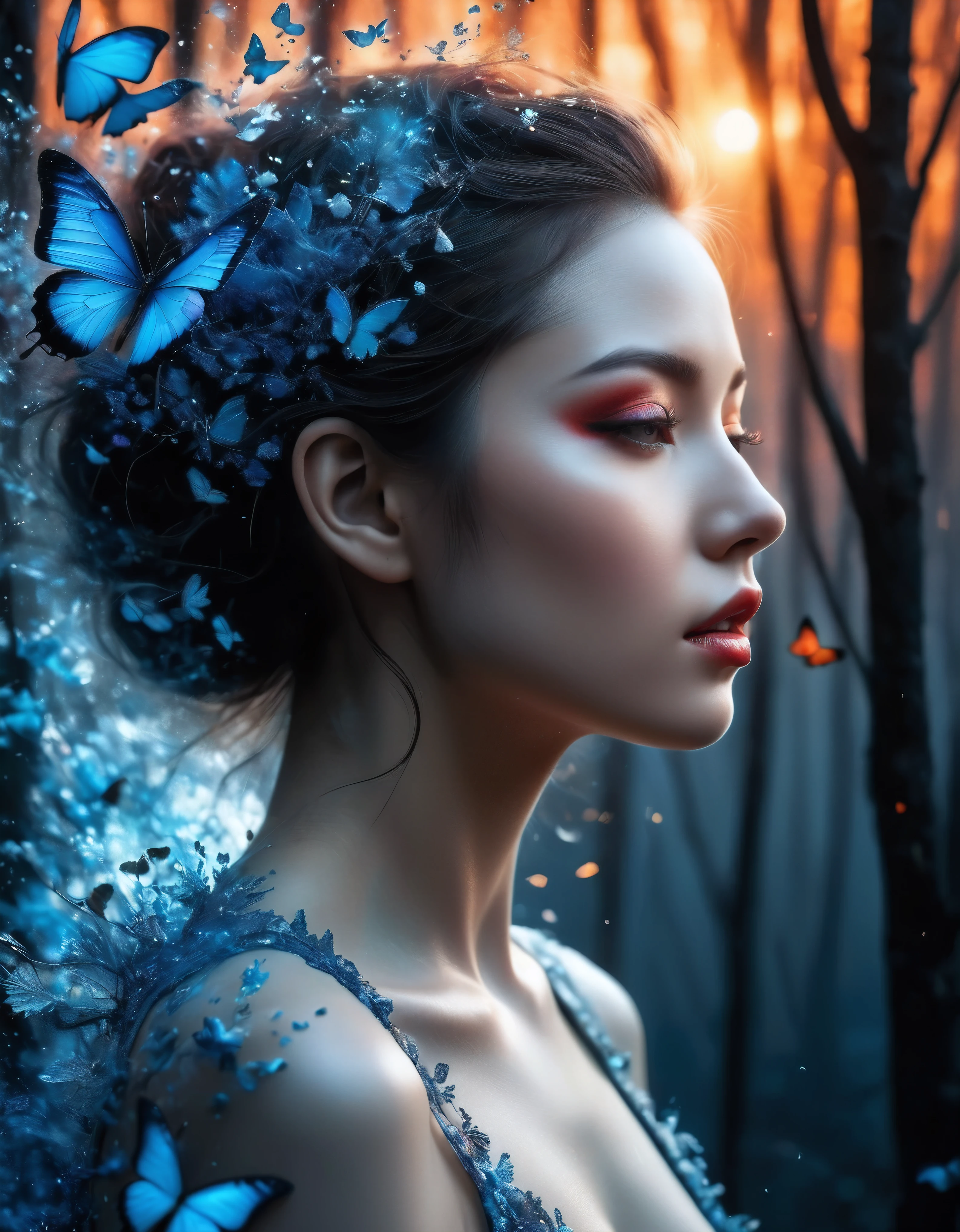 ((Masterpiece in maximum 16K resolution):1.6),((soft_color_photograpy:)1.5), ((Ultra-Detailed):1.4),((Movie-like still images and dynamic angles):1.3) | (double contact:1.3), Beautiful blue butterfly silhouette effect, Superimposed on Very Pretty Female《dark forest sky》Agnes Cecile, Jeremy Mann, Oil and ink on canvas, fine art, super dramatic light, photoillustration, amazing depth, the ultra-detailed, iridescent red, superfluous dreams, intricately details, amazing depth, Amazing atmosphere, Mesmerizing whimsical vibrant landscapes, Maximalism (beautiful outside, Ugly inside, pressure and pain, beauty and despair, hard and soft, positive and negative, hot and cold, Sweet and sour, Vibrant but boring, Perfect harmony, light and shadows, hot and cold, old and young, Fire and ice, Yin and yang, australian, Black and white, hot and cold, organic and mechanical, Corresponding color, loud and quiet, Chaos and peace, day and night:1.2) The complex masterpiece of a real-time engineering leader. | Rendered in ultra-high definition with UHD and retina quality, this masterpiece ensures anatomical correctness and textured skin with super detail. With a focus on high quality and accuracy, this award-winning portrayal captures every nuance in stunning 16k resolution, immersing viewers in its lifelike depiction. | ((perfect_composition, perfect_design, perfect_layout, perfect_detail, ultra_detailed)), ((enhance_all, fix_everything)), More Detail, Enhance.