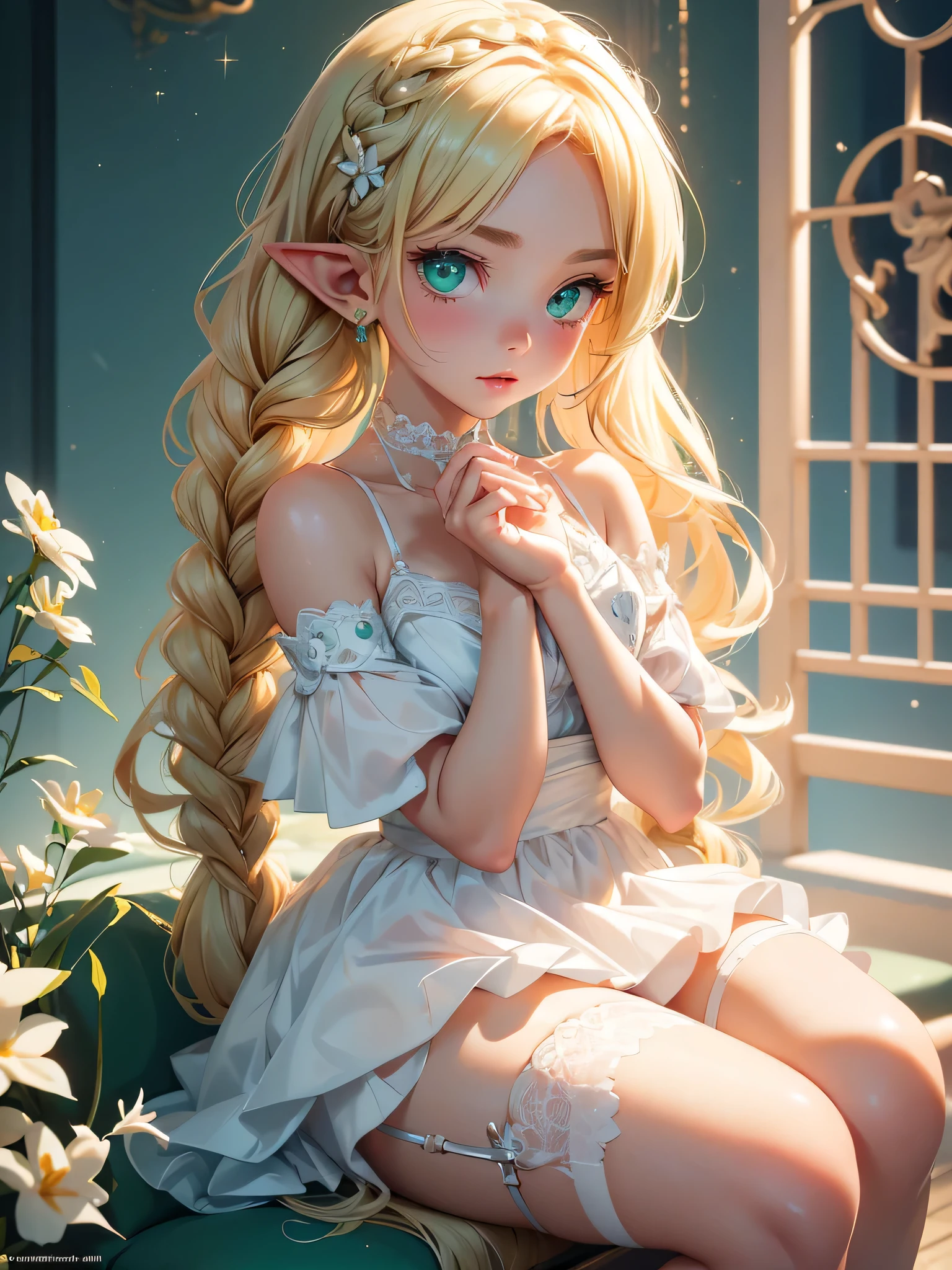 Highest quality 8K resolution,masterpiece, Very detailed, Exquisite detail, Realistic, Ultra-fine illustration, Realistic, Vibrant colors, Soft tones, Warm and gentle lighting,(Beautiful and aesthetic:1.3),Exact finger count,Perfect hands,Perfect legs,Perfect Anatomy,Alone, (-yeld gi1.5), Attractive elven girl,Delicate and beautiful features, (Small pointy ears:1.5), (Long Straight Hair:1.5), Shiny light green hair,Asymmetrical bangs, (Thin and detailed braids:1.4),Braided on hair,Side Lock,(Happy face:1.2),Shiny skin,(Small eyes:1.5), Green Eyes,Very beautiful detailed eyes,White skin, ((Small breasts)),No bra, (No sleeve:1.2) , necklace,Some earrings,accessories,Cowboy Shot, Are standing, indoor,Detailed clothing,Committed to ultra-high definition depiction,(Embarrassed look:1.2),Her eyelashes are long and thick,low length,(Standard body type),(long torso:-1.4),(Simple underwear:1.2)