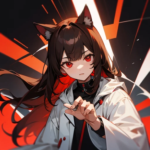 Long, straight, brown hair with black tips、Bangs are blunt、Red eye color、boy、Researcher、Wearing a white coat、Has dog ears、Nyan Nyan Pose