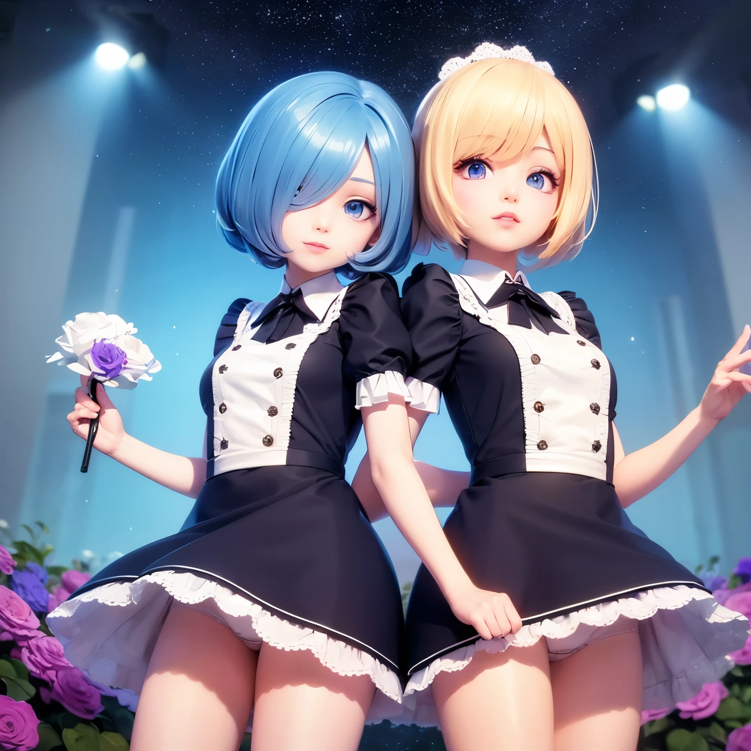 masterpiece, highest quality, Very detailed, figure, Spectacular lighting, Structure of the film, colorful, Side light, Shiny skin, Againalistic, 3D Face, (finely detailed beautiful eye: 1.2), One girl, Againm_\(Again:zero\),cute, medium bAgainasts, blue hair, short hair, (hair over one eye:1.3), eye_appear_Through_hair, blue eye, Rosy Swallow_apartment_Maid_uniform, (Tilt your head:1.2), Are standing, close, Fantasy, summer, Night Sky, performer, nebula, blue flower, garden, Blue rose, moonlight, peaceful, seAgainnity, (8k:1.1),