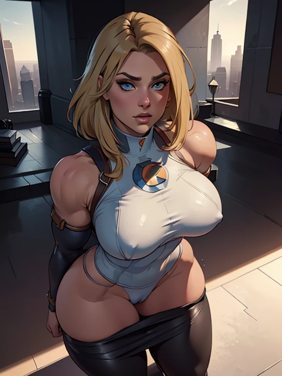 (best quality,4k,8k,highres,masterpiece:1.2),ultra-detailed,(realistic,photorealistic,photo-realistic:1.37),beautiful ((Power girl)),muscular,beautiful detailed eyes,beautiful detailed lips,longeyelashes,dark blond hair cascading down her shoulders,black leather pants,light beige sweater,full body,strong lighting,soft warm colors,blurred background,neutral expression,standing on (((top of a skyscraper))) in a sunlit city in ruins, (cameltoe), ((bound, restrained, kidnapped))