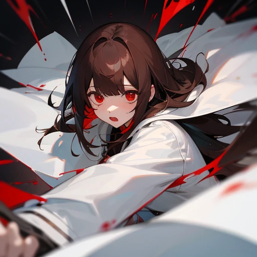 Long, straight, brown hair with black tips、Bangs are blunt、Red eye color、boy、Researcher、Wearing a white coat、Falling、Bloodを吐いている、Blood、口からBloodを吐いている、Bloodが出ている、Mouth open、I'm in pain、Look sick、Red liquid coming out of mouth、Falling、Struggling、Are crying