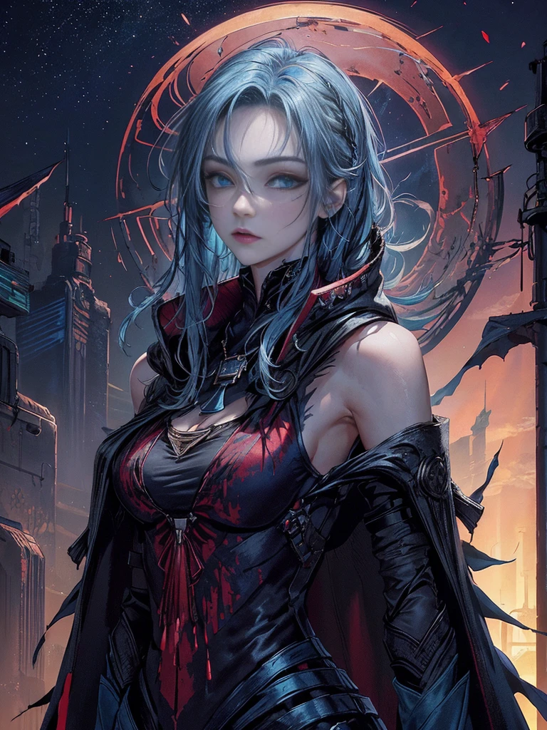 cinematic lighting、highest quality,cyberpunk world、1 female、(20 year old beautiful woman、Detailed beautiful facial features、shoulder length hair、blue hair、Very detailed and beautiful blue eyes:1.4)break,medium hair、（Bright blue hair、shining hair）（See here、chest and cleavage:1.4）（Cool and stylish cyber tech wear:1.2）(scratch、Returned blood adheres to the face and chest)(tattered cloak:1.3)android（beautiful starry sky scenery、roof of the building:1.2）(It&#39;s cold so white breath comes out of my mouth:1.5)