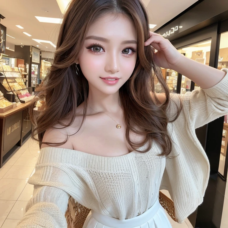 ((highest quality, Tabletop, Ultra-high resolution、The most complex and detailed depiction))、Natural lighting、(spring-like clothes)、(Beautiful woman:1.1)、(Long Wavy Hair:1.05), (Accurate anatomy:1.1)、Colored contact lenses、Perfect Makeup、Natural Lip、Highly saturated eyeshadow、A loose off-the-shoulder knit、Short skirt、Blurred Background, Look at me and smile、Shopping mall、(Face close-up:1.1)、(Ultra-high resolution光沢, Fair skin:1.1)、Ultra-high resolutionの顔、Ultra-high resolutionの髪、Ultra-high resolution sparkling eyes、Ultra-high resolution glossy lips、(Brightly lit white skin:1.1)、Beautiful face drawn in every detail、Ultra-high resolution perfect beautiful teeth、whole body, Beautiful legs