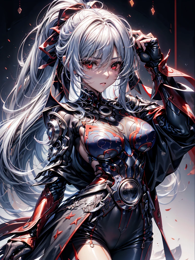 (top-quality、tmasterpiece、Very high resolution、super high image quality、High-quality pixels)、perfect eyes, perfect face, solo,8K, large breast,(Detailed description of hair), (Detailed description of face),(Detailed description of body), fair and clear skin, matchless beauty, long legged, (30 years old),facing the audience, professional photographic lighting,dark cyber outfit、detailed light red eyeballs, silver hair,cowbody shot,ponytail,bangs