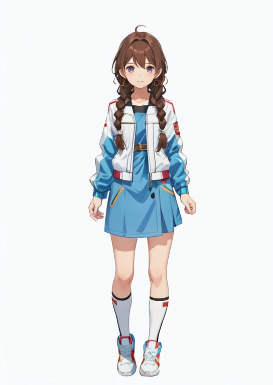 anime girl, brown hair, two braids, jacket, sprite, transparent background,