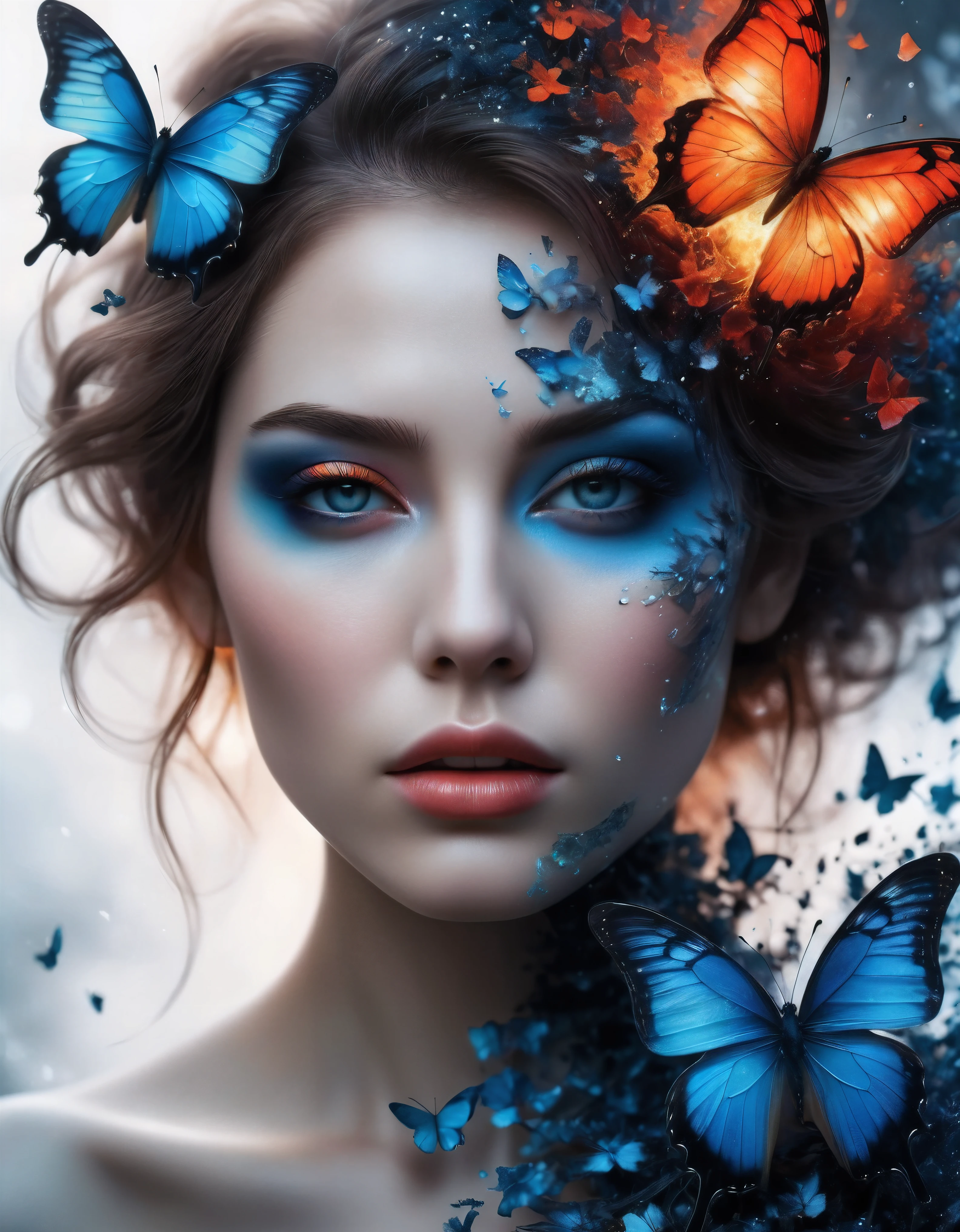 ((Masterpiece in maximum 16K resolution):1.6),((soft_color_photograpy:)1.5), ((Ultra-Detailed):1.4),((Movie-like still images and dynamic angles):1.3) | (double contact:1.3), Beautiful blue butterfly silhouette effect, Superimposed on Very Pretty Female《dark forest sky》Agnes Cecile, Jeremy Mann, Oil and ink on canvas, fine art, super dramatic light, photoillustration, amazing depth, the ultra-detailed, iridescent red, superfluous dreams, intricately details, amazing depth, Amazing atmosphere, Mesmerizing whimsical vibrant landscapes, Maximalism (beautiful outside, Ugly inside, pressure and pain, beauty and despair, hard and soft, positive and negative, hot and cold, Sweet and sour, Vibrant but boring, Perfect harmony, light and shadows, hot and cold, old and young, Fire and ice, Yin and yang, australian, Black and white, hot and cold, organic and mechanical, Corresponding color, loud and quiet, Chaos and peace, day and night:1.2) The complex masterpiece of a real-time engineering leader. | Rendered in ultra-high definition with UHD and retina quality, this masterpiece ensures anatomical correctness and textured skin with super detail. With a focus on high quality and accuracy, this award-winning portrayal captures every nuance in stunning 16k resolution, immersing viewers in its lifelike depiction. | ((perfect_composition, perfect_design, perfect_layout, perfect_detail, ultra_detailed)), ((enhance_all, fix_everything)), More Detail, Enhance.