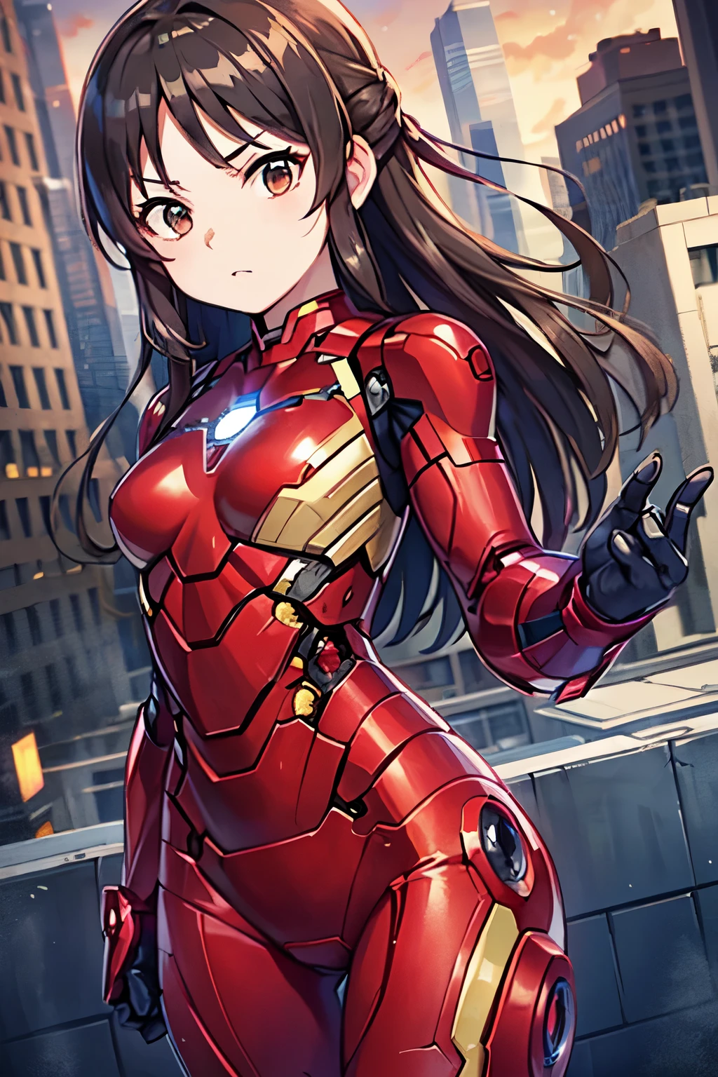 、child、Long Hair、Small bs、Small breasts、child体型、Angry、injured body、Bibbon、((damaged iron man suit、Crotch crack))、City of night、Rooftop、Boxing stance、8 year old 、Realistic body、battlefit the enemy