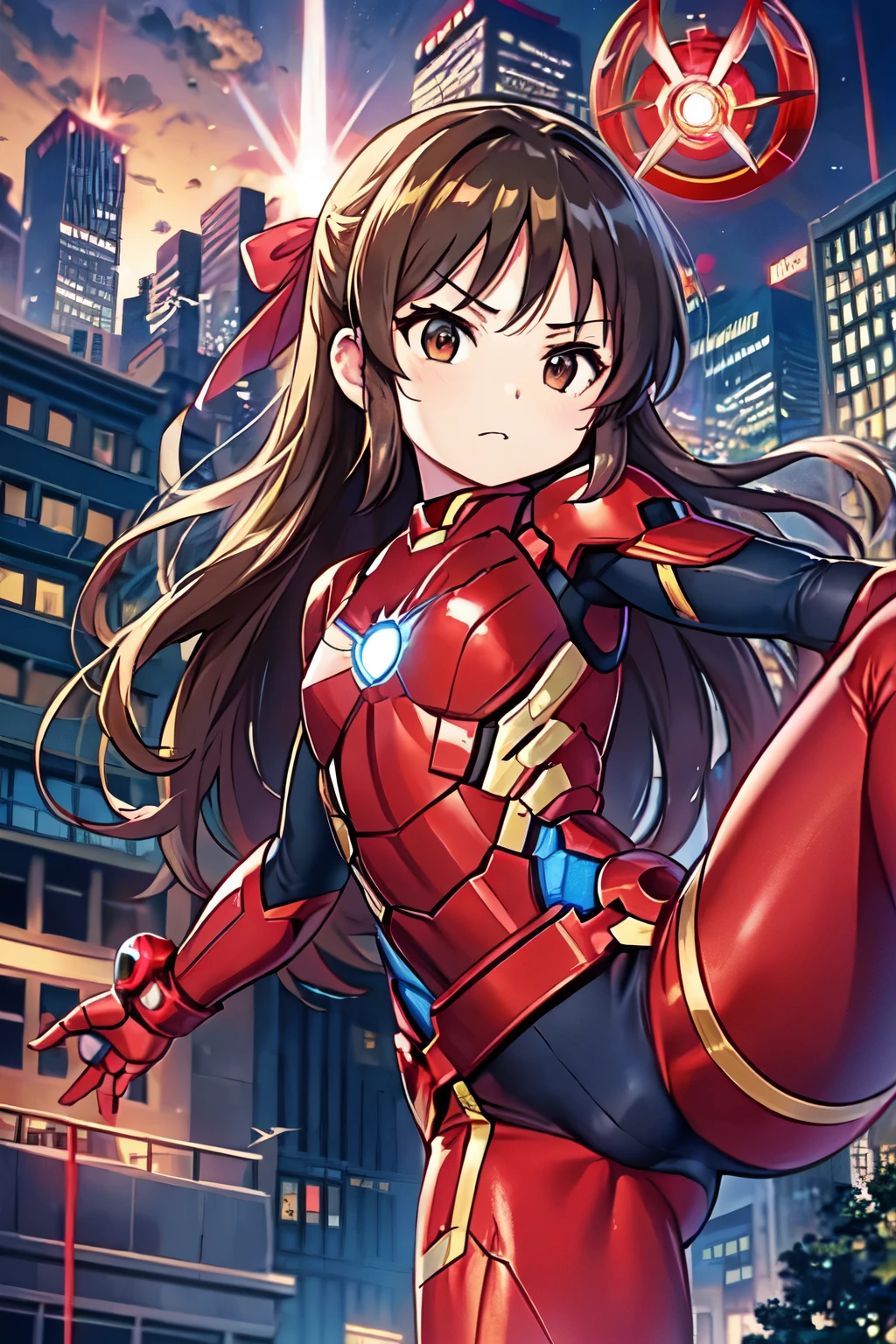 Primary school students、child、Long Hair、Small breasts、Small breasts、child体型、Angry、injured body、Blue ribbon、((damaged iron man suit、Crotch crack))、City of night、Rooftop、Boxing stance、8 year old 、Realistic body、battlefield、Fight the enemy