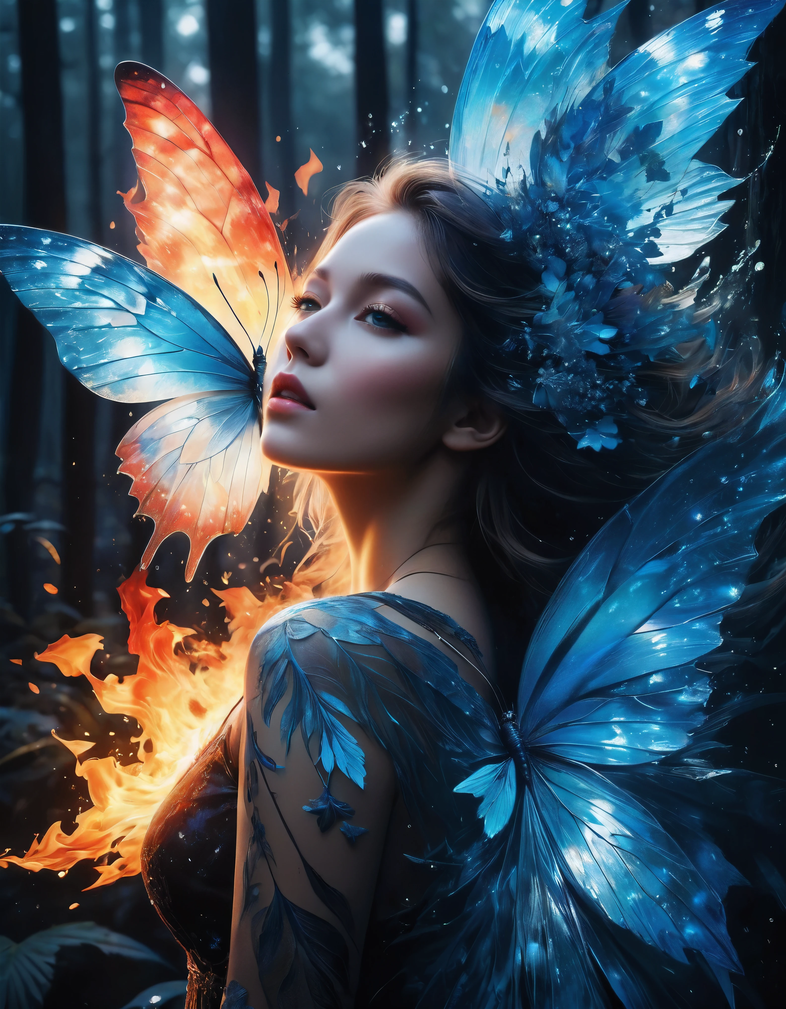 ((Masterpiece in maximum 16K resolution):1.6),((soft_color_photograpy:)1.5), ((Ultra-Detailed):1.4),((Movie-like still images and dynamic angles):1.3) | (double contact:1.3), Beautiful blue butterfly silhouette effect, Superimposed on Pretty Female《dark forest sky》Agnes Cecile, Jeremy Mann, Oil and ink on canvas, fine art, super dramatic light, photoillustration, amazing depth, the ultra-detailed, iridescent red, superfluous dreams, intricately details, amazing depth, Amazing atmosphere, Mesmerizing whimsical vibrant landscapes, Maximalism (beautiful outside, Ugly inside, pressure and pain, beauty and despair, hard and soft, positive and negative, hot and cold, Sweet and sour, Vibrant but boring, Perfect harmony, light and shadows, hot and cold, old and young, Fire and ice, Yin and yang, australian, Black and white, hot and cold, organic and mechanical, Corresponding color, loud and quiet, Chaos and peace, day and night:1.2) The complex masterpiece of a real-time engineering leader. | Rendered in ultra-high definition with UHD and retina quality, this masterpiece ensures anatomical correctness and textured skin with super detail. With a focus on high quality and accuracy, this award-winning portrayal captures every nuance in stunning 16k resolution, immersing viewers in its lifelike depiction. | ((perfect_composition, perfect_design, perfect_layout, perfect_detail, ultra_detailed)), ((enhance_all, fix_everything)), More Detail, Enhance.