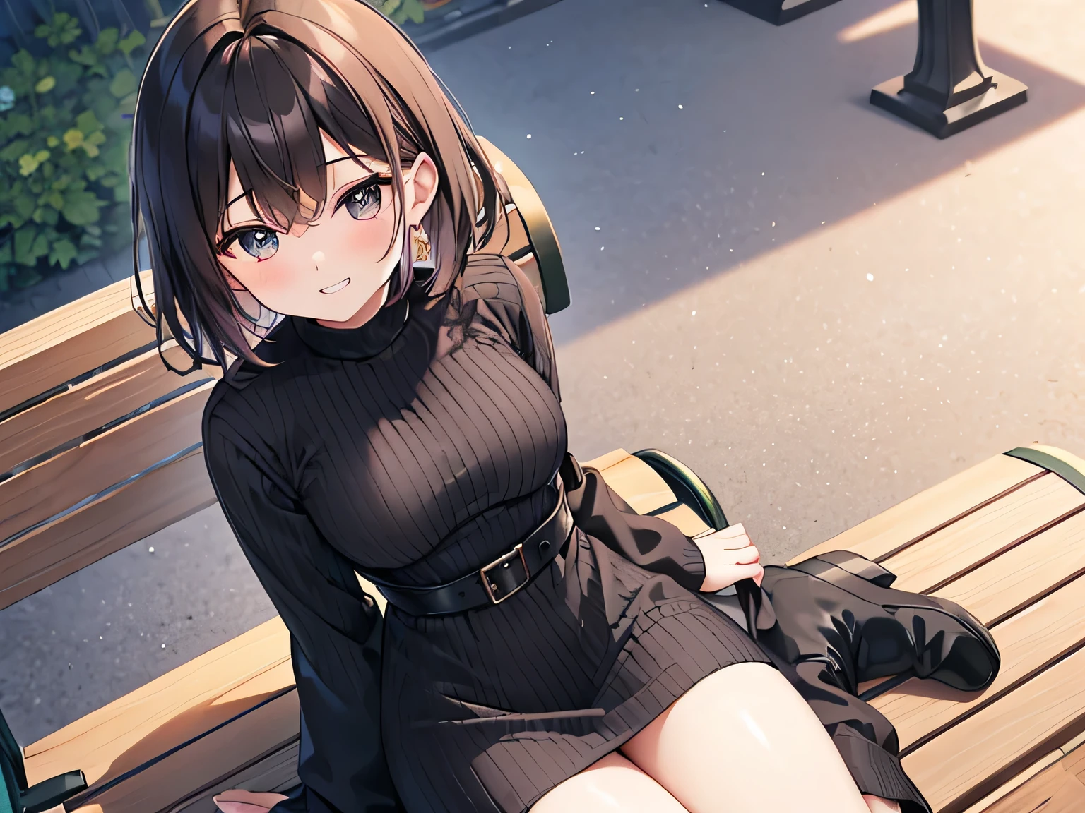 (masterpiece、highest quality、High resolution、Realistic photo、Real looking skin:1.1)、 
(A woman sits on a bench at an amusement park with her legs closed:1.8)、 
(The length of the dress is so short that her panties are visible.:1.8)、 
(I&#39;m looking at her from a slightly higher perspective.:1.8)、 
(Provocative, grinning expression:1.8)、 
(She is wearing a black long-sleeved knit mini dress.:1.8)、
(The material of the dress is ribbed knit that shows the lines of the body.:1.8)、
(She is wearing black knee-length boots:1.8)、 
(The panties are pink and have a pattern.:1.5)、 
(Brown medium hair:1.5)、  
(She is 31 years old and has a mature look.:1.5)、
(Location: amusement park bench:1.5)、 
1 Japanese Girl、solo、Full Body Esbian、Beautiful Eyes、Shining Eyes、Shining thighs、NSFW