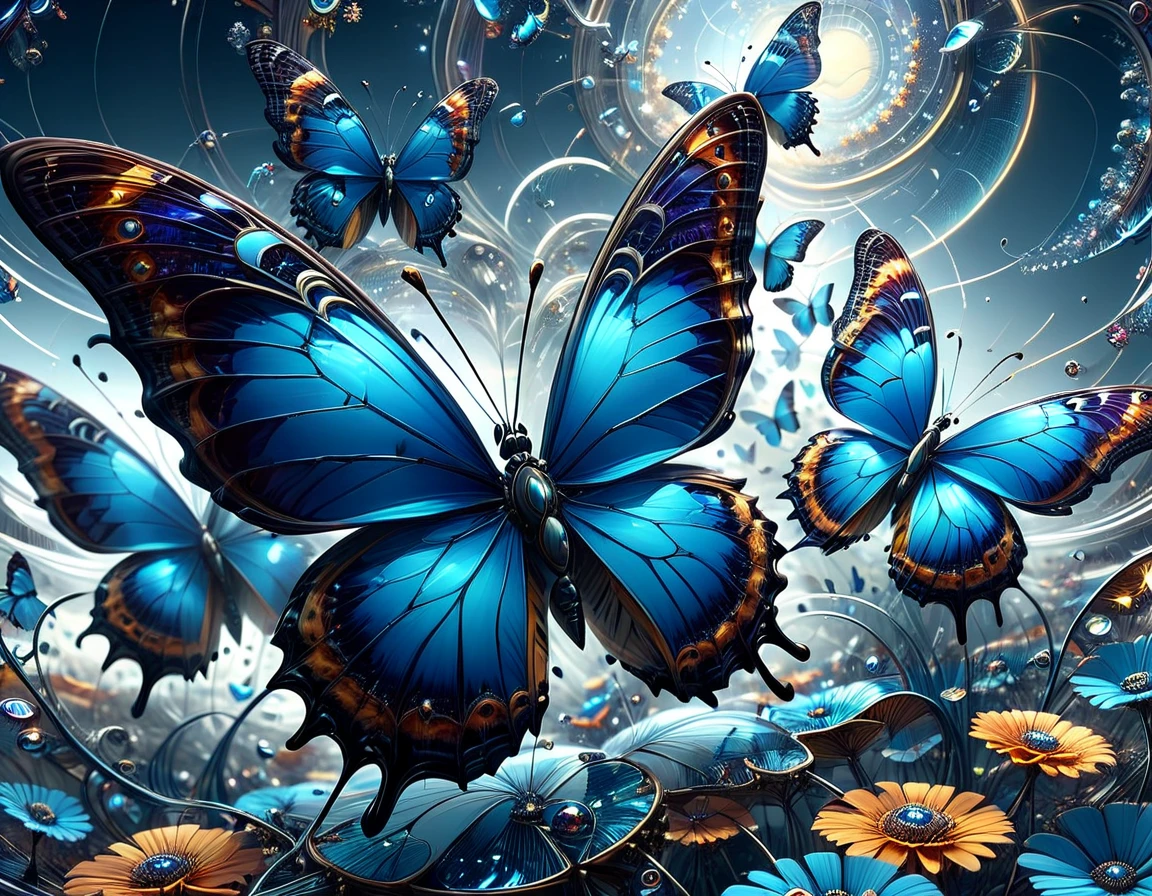 Hyperrealistic octane rendering by Philippe Vignal captures glass blue butterflies and convex objects intermingling among fractal planes with multi-colored spirals and metal reflectors, radiating subtle colored light in Miki Asai-inspired macro optics style, outer space with a super highway theme, vanishing point, high-speed feel, trending on ArtStation, ultra HD, vivid colors, digital render, digital painting, influences of Beeple, High Resolution, High Quality, Masterpiece