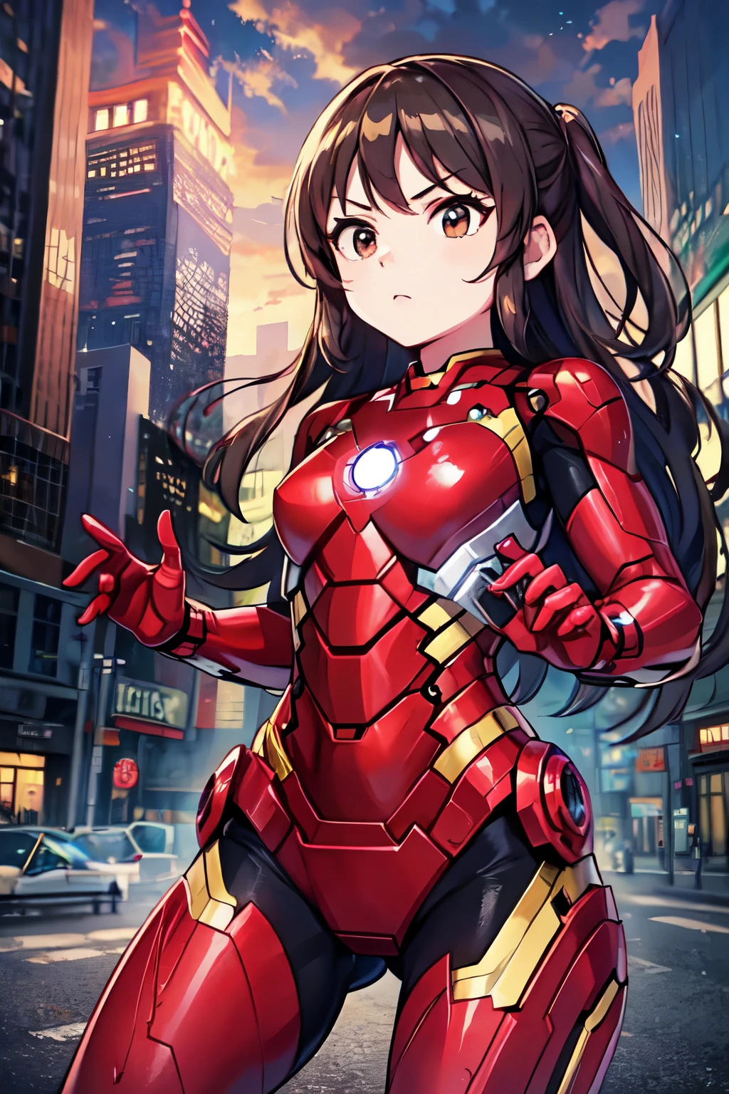 Primary school students、child、Long Hair、Small breasts、Small breasts、child体型、Angry、injured body、Blue ribbon、((damaged iron man suit、Crotch crack))、City of night、Rooftop、Boxing stance、8 year old 、Realistic body、battlefield、Fight the enemy