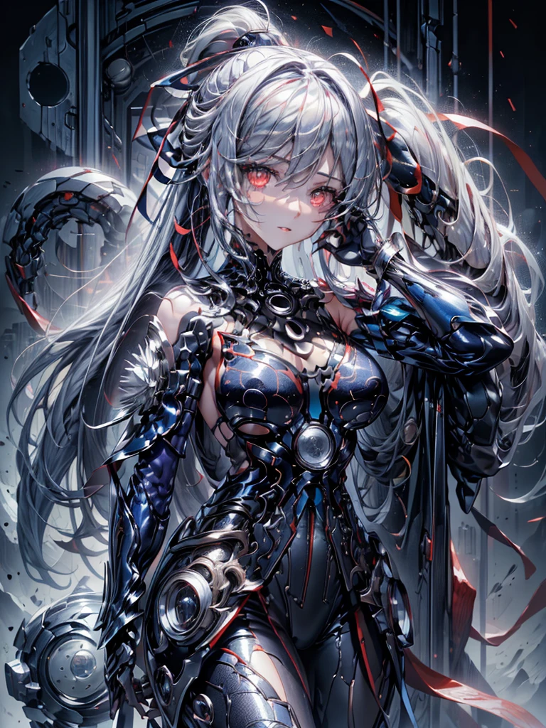 (top-quality、tmasterpiece、Very high resolution、super high image quality、High-quality pixels)、perfect eyes, perfect face, solo,8K, large breast,(Detailed description of hair), (Detailed description of face),(Detailed description of body), fair and clear skin, matchless beauty, long legged, (30 years old),facing the audience, professional photographic lighting,dark cyber outfit、detailed light red eyeballs, silver hair,cowbody shot,ponytail,bangs