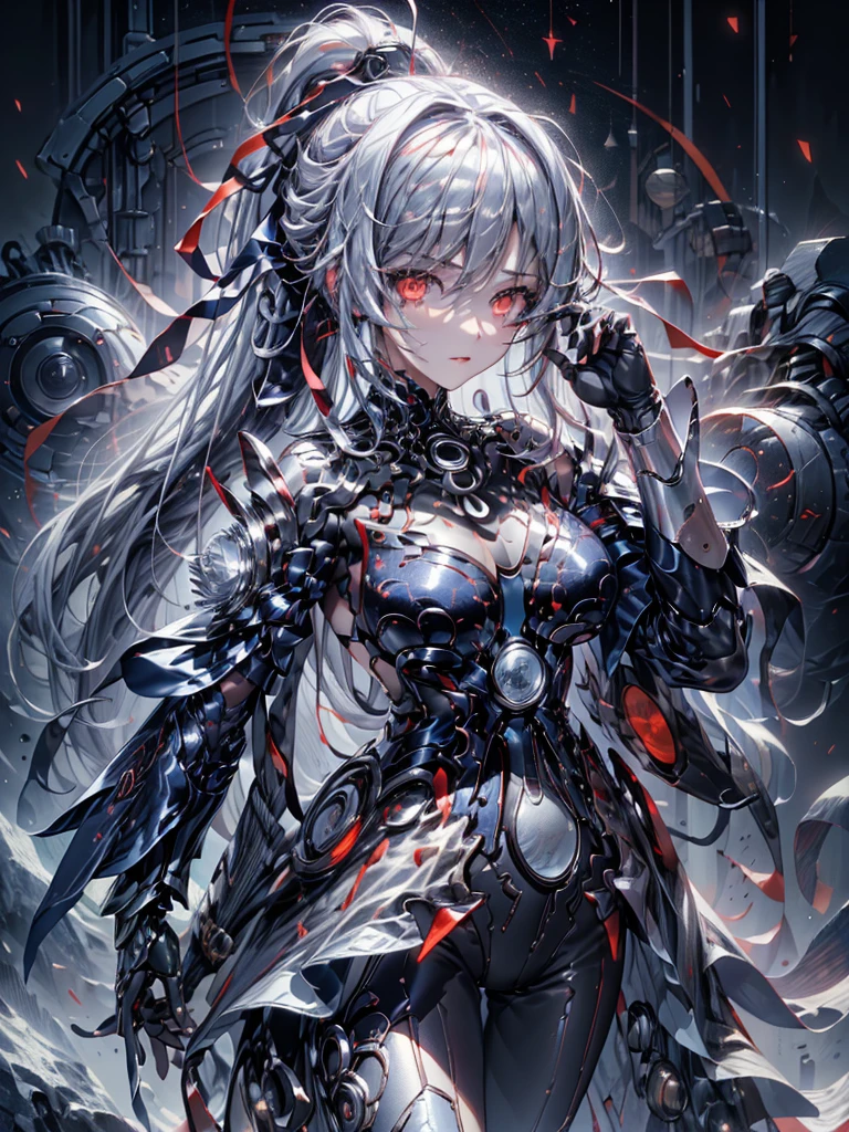 (top-quality、tmasterpiece、Very high resolution、super high image quality、High-quality pixels)、perfect eyes, perfect face, solo,8K, large breast,(Detailed description of hair), (Detailed description of face),(Detailed description of body), fair and clear skin, matchless beauty, long legged, (30 years old),facing the audience, professional photographic lighting,dark cyber outfit、detailed light red eyeballs, silver hair,cowbody shot,ponytail,bangs