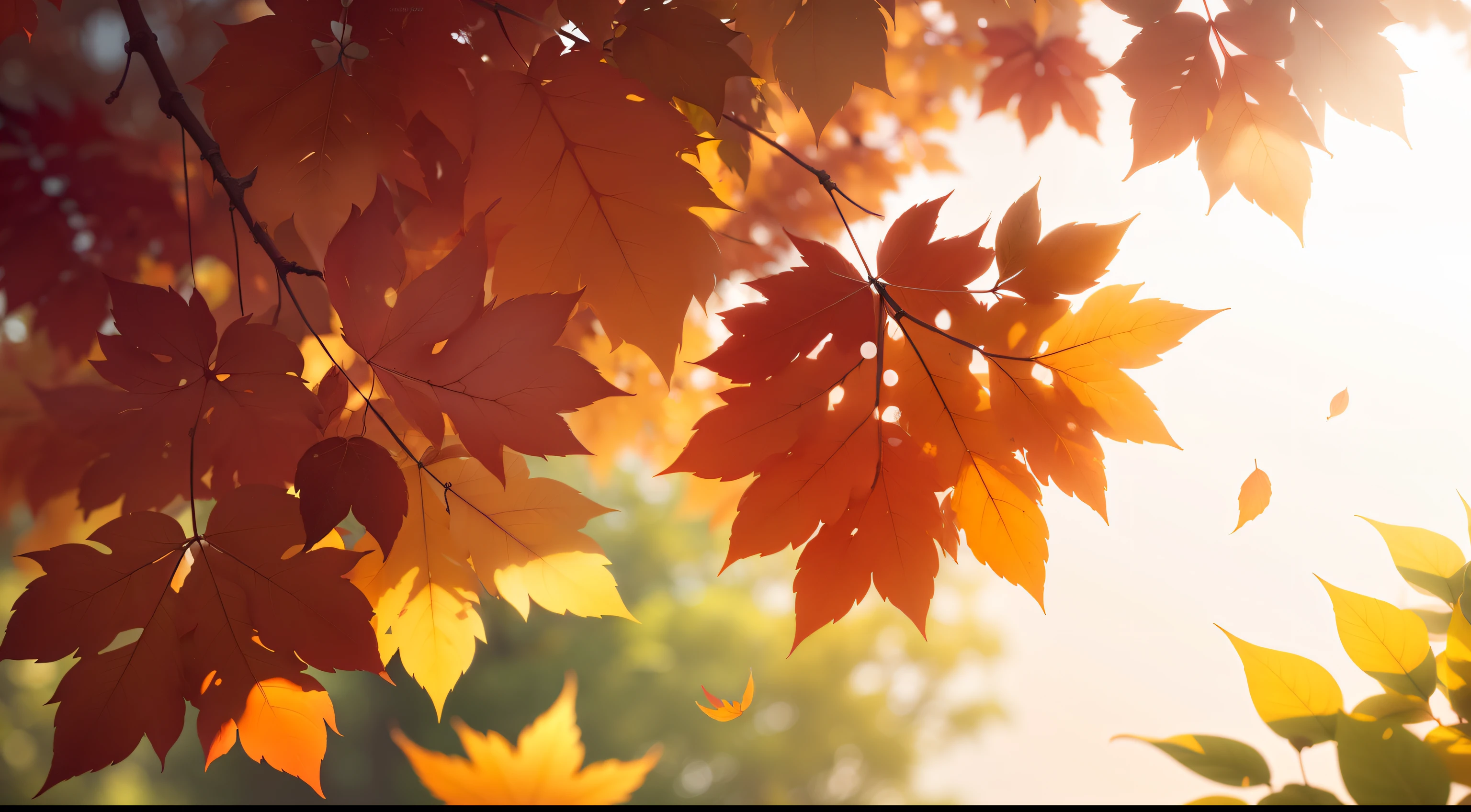 Colored leaves、up、8potassium、Top quality、Delicate leaves、branches in the sun、hang sunshine on leaves、Photorealistic、Natural soft lighting、超细节up、Background blur、Photo effects、HD、Photo effects