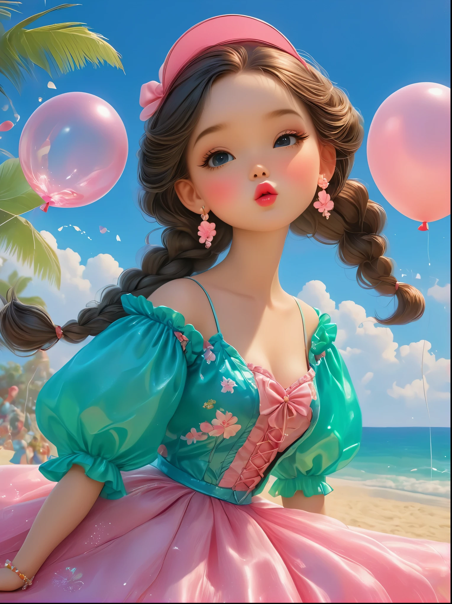 1girl, Beautiful Barbie doll is on the beach，Barbie doll wearing various clothes beautiful clothes，(Close one eye:1.6)，Pouting cute little mouth，faint blush，Proud，Convivial atmosphere，cake，Candle，balloon，Champagne，night，Wine Glass，fireworks，fruit，Pixar，Pink main color，night，A beautiful painting by Alphonse Mucha，Pixar风格，Cartoon风格，masterpiece，Pastel Art，Magical Realism，dream，wonderland，Ethereal，Retro，cartoon，Cartoon，Kawaii，Depth of Field, (Every time)，long shoot，Dramatic lighting，Retro摄影风格，Art Deco，Best picture quality，8k，high resolution，Ultra-detailed，Ultra-clear，Creative style artwork，classical，3D渲染Retro时尚