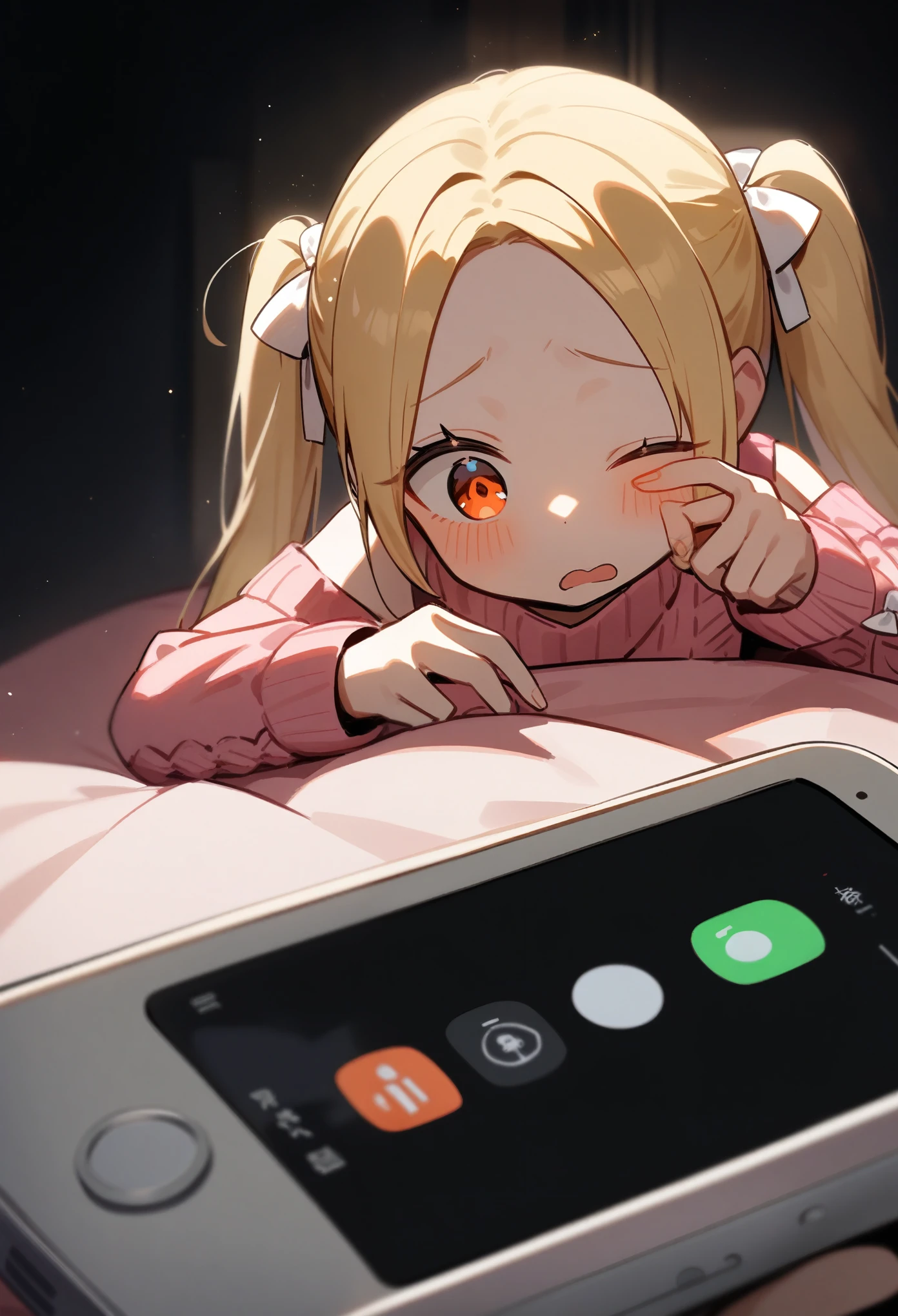 ((masterpeice)), adult, skinny, lolita, half-close_eyes, 18_years_old, braided_twintails, forehead, orange_eyes, one_eye_open, one_eye_closed, yawn, tired, kicking legs, head, blonde, phone, dimly lit, indoors, dark, hands, perfect_fingers, pink_sweater, cut_out_shoulders, crochet_sweater, white_bows_on_sleeves, half_closed_eye, depth_perception, lying down, close-up, head:0.1, phone:1.1, phone_in_foreground, smooth lighting, head in foreground, looking at phone, lying_down, pink_futon, dark_room, inside, reaching_for_phone, looking_at_phone, foreground_layers, half_asleep, dark, black surroundings, glowing phone, hang-up_button, [[erere]], (misaki_nonaka, horuske, detailed_orang_eye)
