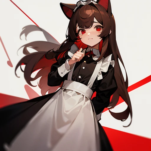 Embarrassed、Long, straight, brown hair with black tips、Bangs are blunt、Red eye color、boy、Researcher、Wearing maid uniform、Has dog ears
