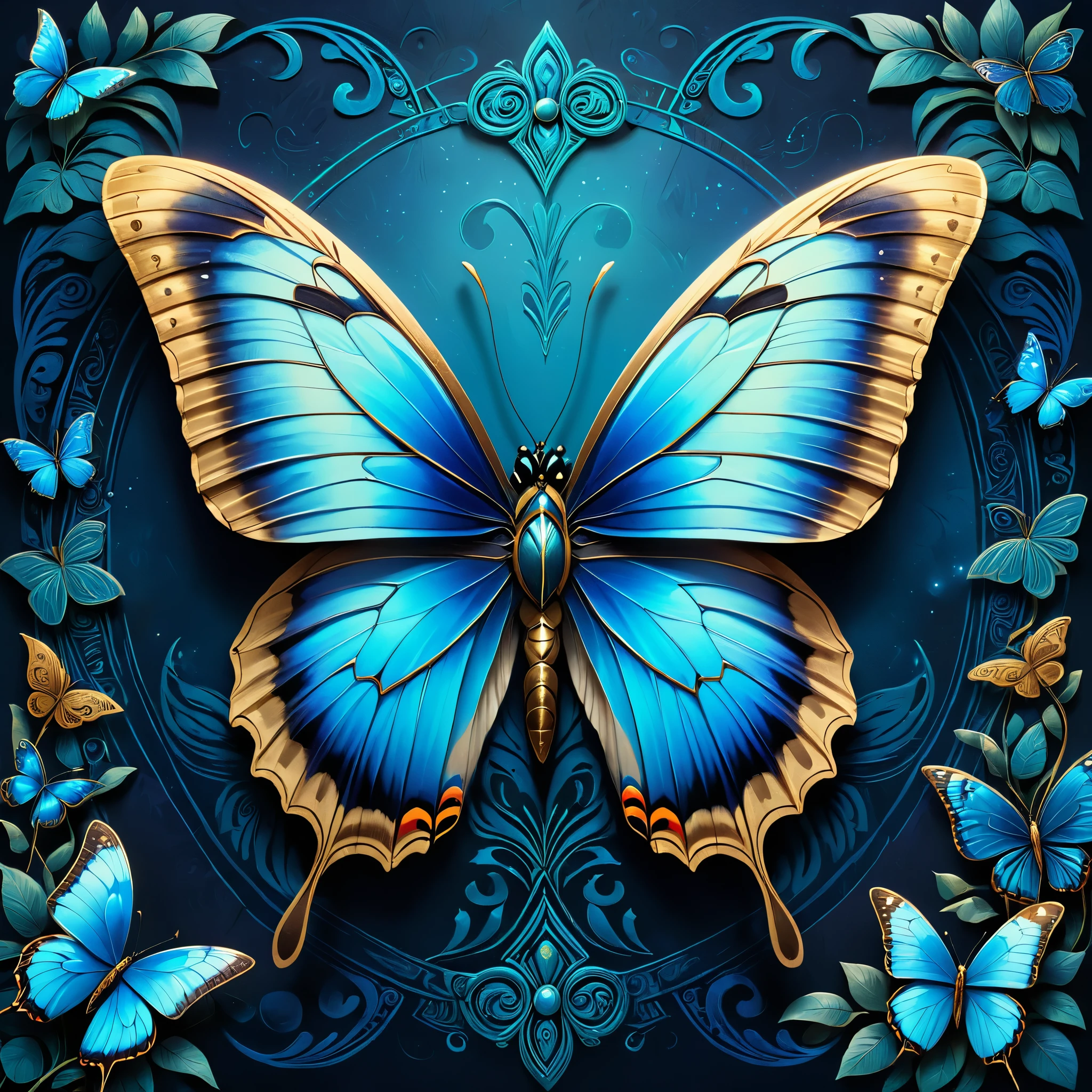 A blue butterfly, ancient totem, mysterious color palette, ancient vibes, intricate textures, mysterious symbols, ancient rituals, deep background,illustration,painted,medium,detailed textures,highres,(best quality,4k,8k,highres,masterpiece:1.2),ultra-detailed,(realistic,photorealistic,photo-realistic:1.37),mystical,ancient style,detailed linework,vibrant colors,subtle color grading,ethereal lighting