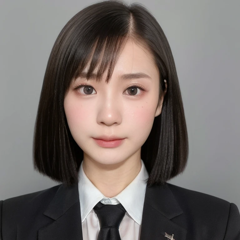(kawaii 24 year-old Japanese girl, Nogizaka idol, Korean idol), (glossy black hair, short bob, even and symmetric hair design:1.3), (deep black eyes, rounded face, single eyelid, no makeup, relaxed expression:1.2), (wearing suit jacket, collared shirt, necktie:1.3), (extra small breasts:0.9), (facing straight at camera:1.2), BREAK, (simple grey background, yearbook background:1.3), (portrait, id photo, bust shot, view from straight forward:1.3), (keep enough top margin to avoid the head cropped:1.3), BREAK, (masterpiece, best quality, photo realistic, official art:1.4), (UHD, 8K quality wallpaper, high resolution, raw photo, golden ratio:1.3), (shiny skin), professional lighting, physically based rendering, award winning, (highly detailed skin, extremely detailed face and eyes), Carl Zeiss 85 mm F/1.4, depth of field, 1girl, solo,