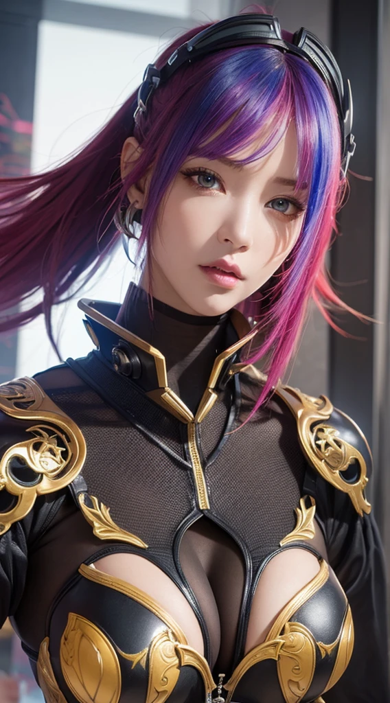 masterpiece, 1 beautiful girl, Detailed eye, Swollen eyes, top-quality, 超A high resolution, (reality: 1.4), Movie Lighting, very extremely beautiful, Beautiful skins, A slender, Forward-facing body, (A hyper-realistic), (hight resolution), (8K), (ighly detailed), ( Best Illustration), (beautifully detailed eyes), (ultra-detailliert), Detailed face, Bright lighting, Professional Lighting、the most beautiful and sexy cyberpunk girl, rainbow colored hair, orange eyes, dark african skin, wearing incredibly detailed futuristic cyberpunk battle armor, huge enormously gigantic tits, cleavage showing, tons of tattoos and piercings, in hyper futuristic city metropolis, cherry blossoms blowing in the wind, cinematic, incredibly perfect masterpiece, high quality, high resolution