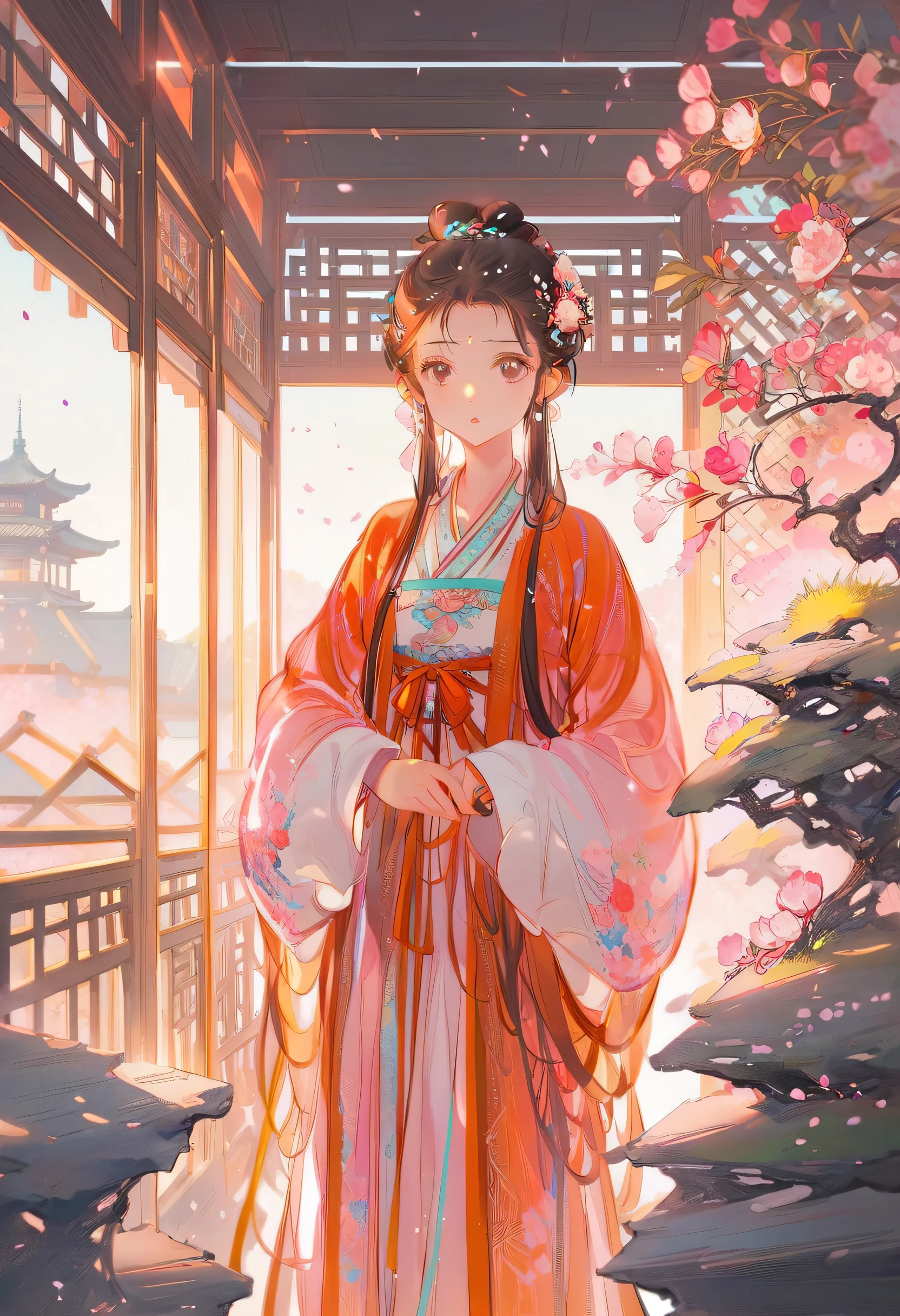 1 Girl,leg,a girl at architecture,(((architecture))),  Braided Bangs,braided ponytails,(Solitary:1.2),apron,Big legs and strong,Side ties, Baldness, ************,Looking at the audience, Sunlight,Hanfu, 