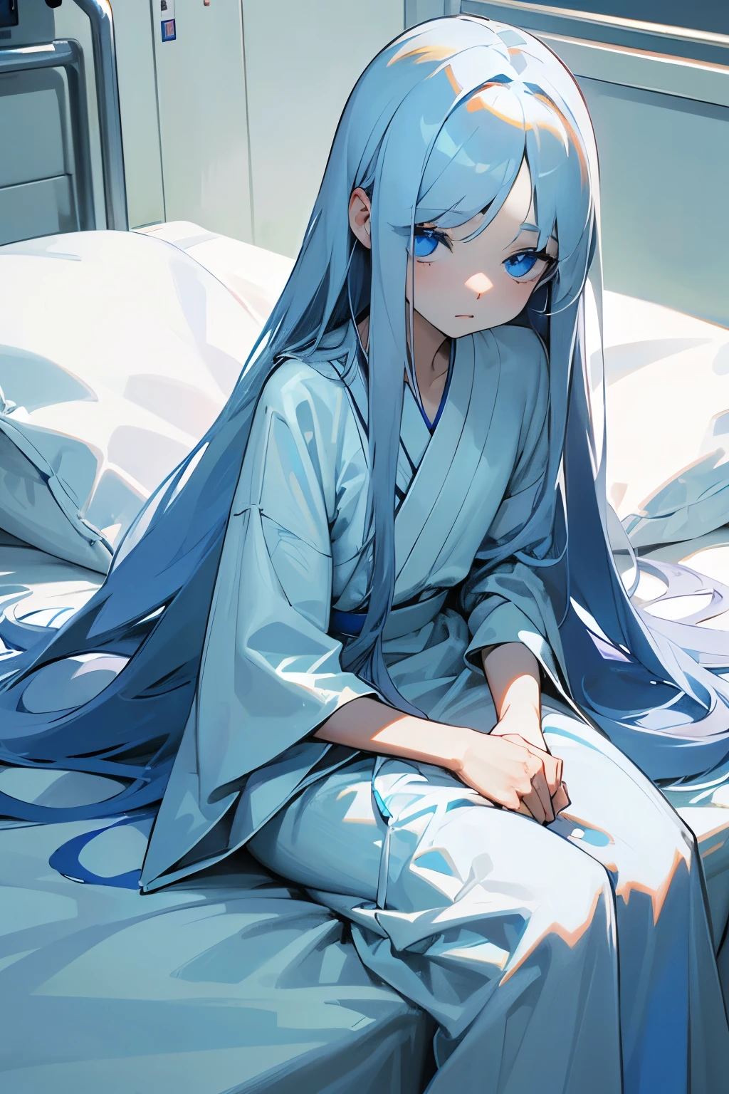 White long hair，Blue pupils，Fair skin，Very gentle，Very petite，emaciated，Small Eyes，Height 1.59 meters，Long bangs，Wearing a blue-and-white hospital gown，Sitting on the bed，He was covered with a white quilt