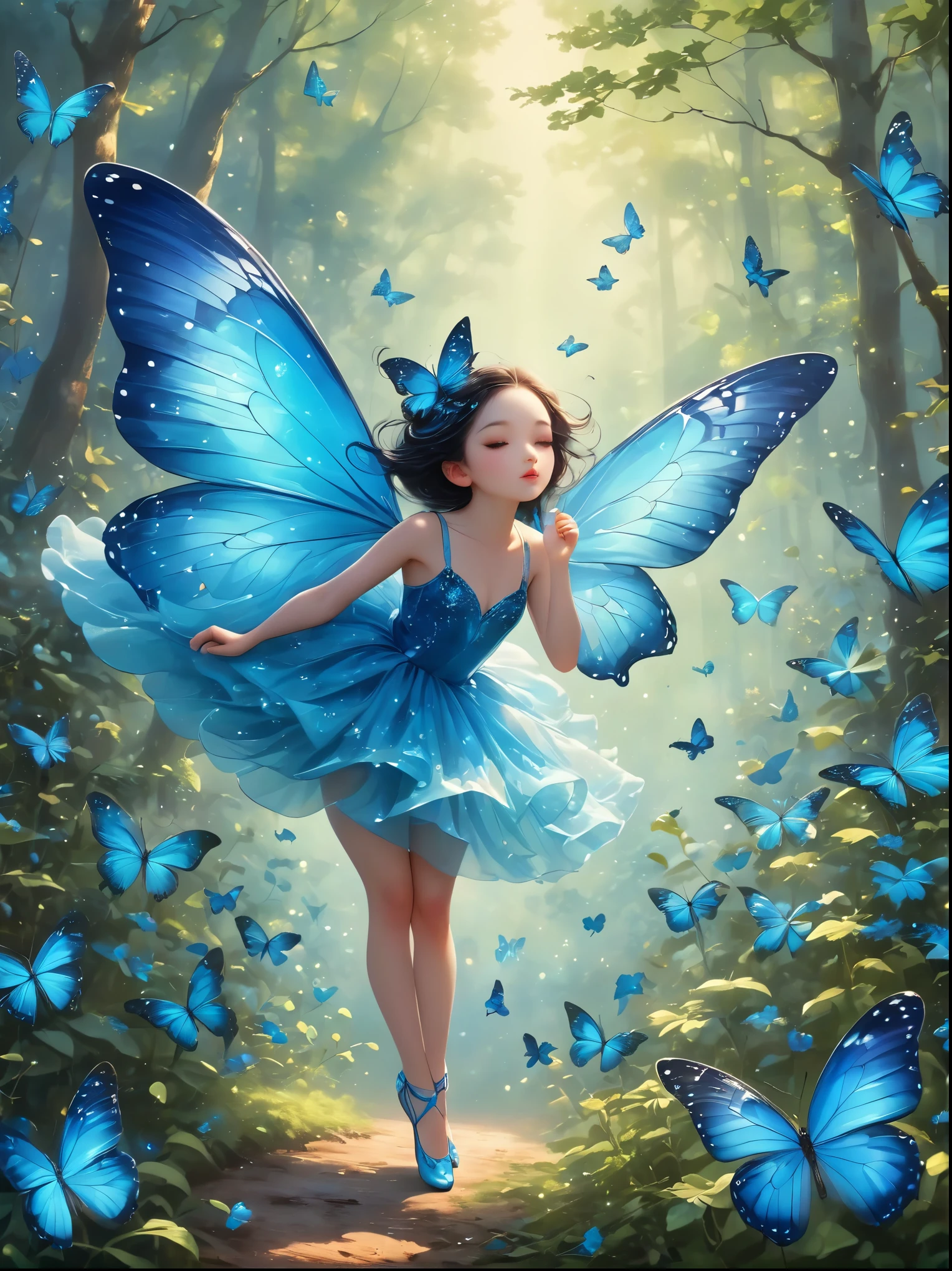 A blue butterfly glittering in mid-air,Its wings sparkle against the backdrop of a glowing dark forest,The flight of butterflies is like a beautiful ballet of nature,Embodying peace and tranquility。Its compound eyes gleam in the ambient light,It gives people a sense of profound wisdom and deep tranquility.,The background is the pristine blue sky,In stark contrast to the dark forest,Adds charming scenery。