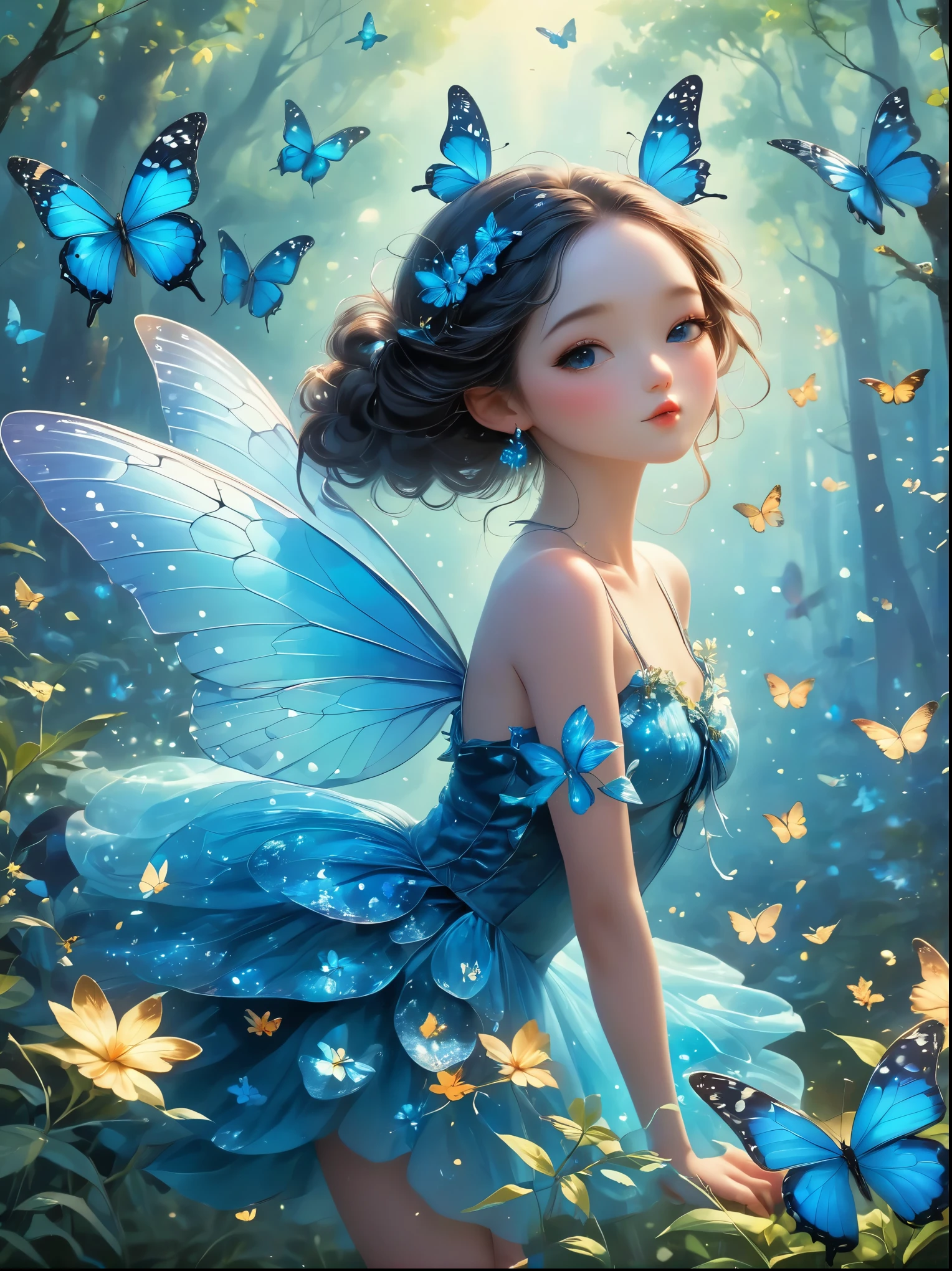 A blue butterfly glittering in mid-air,Its wings sparkle against the backdrop of a glowing dark forest,The flight of butterflies is like a beautiful ballet of nature,Embodying peace and tranquility。Its compound eyes gleam in the ambient light,It gives people a sense of profound wisdom and deep tranquility.,The background is the pristine blue sky,In stark contrast to the dark forest,Adds charming scenery。