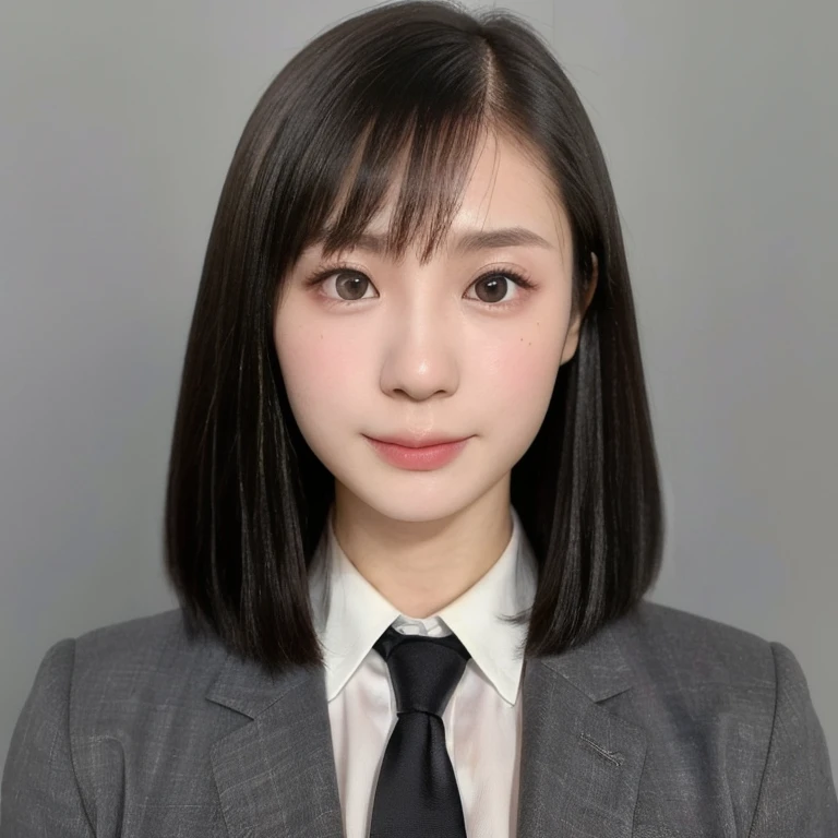 (kawaii 24 year-old Japanese girl, Nogizaka idol, Korean idol), (glossy black hair, short bob, even and symmetric hair design:1.3), (deep black eyes, rounded face, single eyelid, no makeup, relaxed expression:1.2), (wearing suit jacket, collared shirt, necktie:1.3), (extra small breasts:0.9), (facing straight at camera:1.2), BREAK, (simple grey background, yearbook background:1.3), (portrait, id photo, bust shot, view from straight forward:1.3), (keep enough top margin to avoid the head cropped:1.3), BREAK, (masterpiece, best quality, photo realistic, official art:1.4), (UHD, 8K quality wallpaper, high resolution, raw photo, golden ratio:1.3), (shiny skin), professional lighting, physically based rendering, award winning, (highly detailed skin, extremely detailed face and eyes), Carl Zeiss 85 mm F/1.4, depth of field, 1girl, solo,