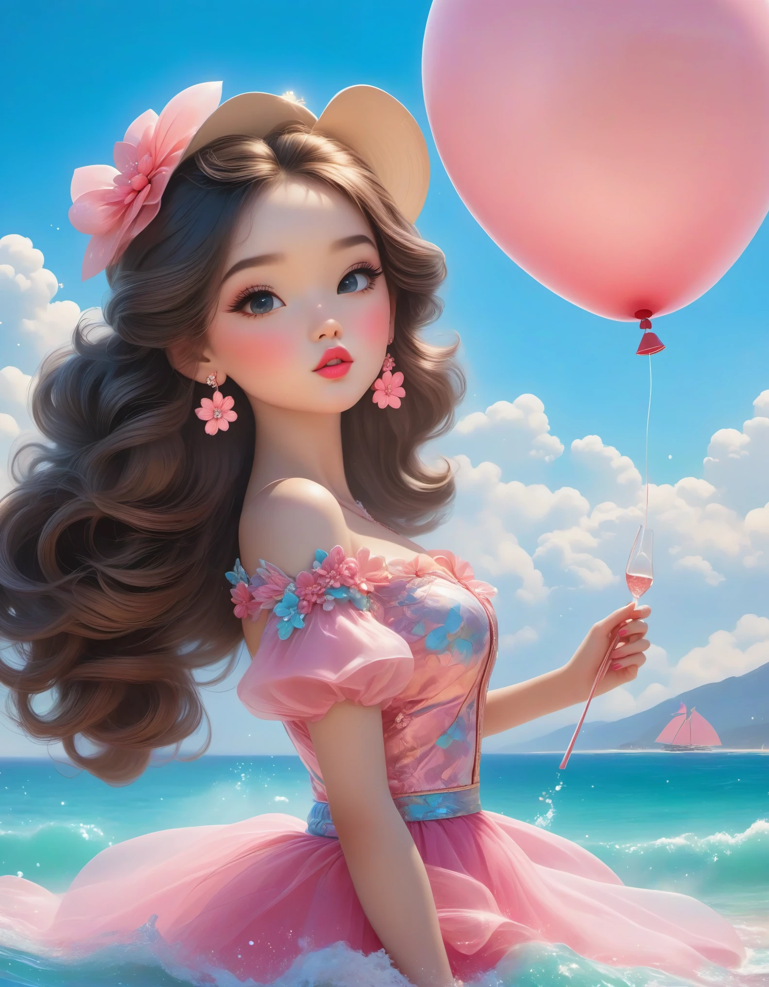 1girl, Beautiful Barbie doll is on the beach，Barbie doll wearing various clothes beautiful clothes，(Close one eye:1.3)，Pouting cute little mouth，faint blush，Proud，Convivial atmosphere，cake，Candle，balloon，Champagne，night，Wine Glass，fireworks，fruit，Pixar，Pink main color，night，A beautiful painting by Alphonse Mucha，Pixar风格，Cartoon风格，masterpiece，Pastel Art，Magical Realism，dream，wonderland，Ethereal，Retro，cartoon，Cartoon，Kawaii，Depth of Field, (Every time)，long shoot，Dramatic lighting，Retro摄影风格，Art Deco，Best picture quality，8k，high resolution，Ultra-detailed，Ultra-clear，Creative style artwork，classical，3D渲染Retro时尚