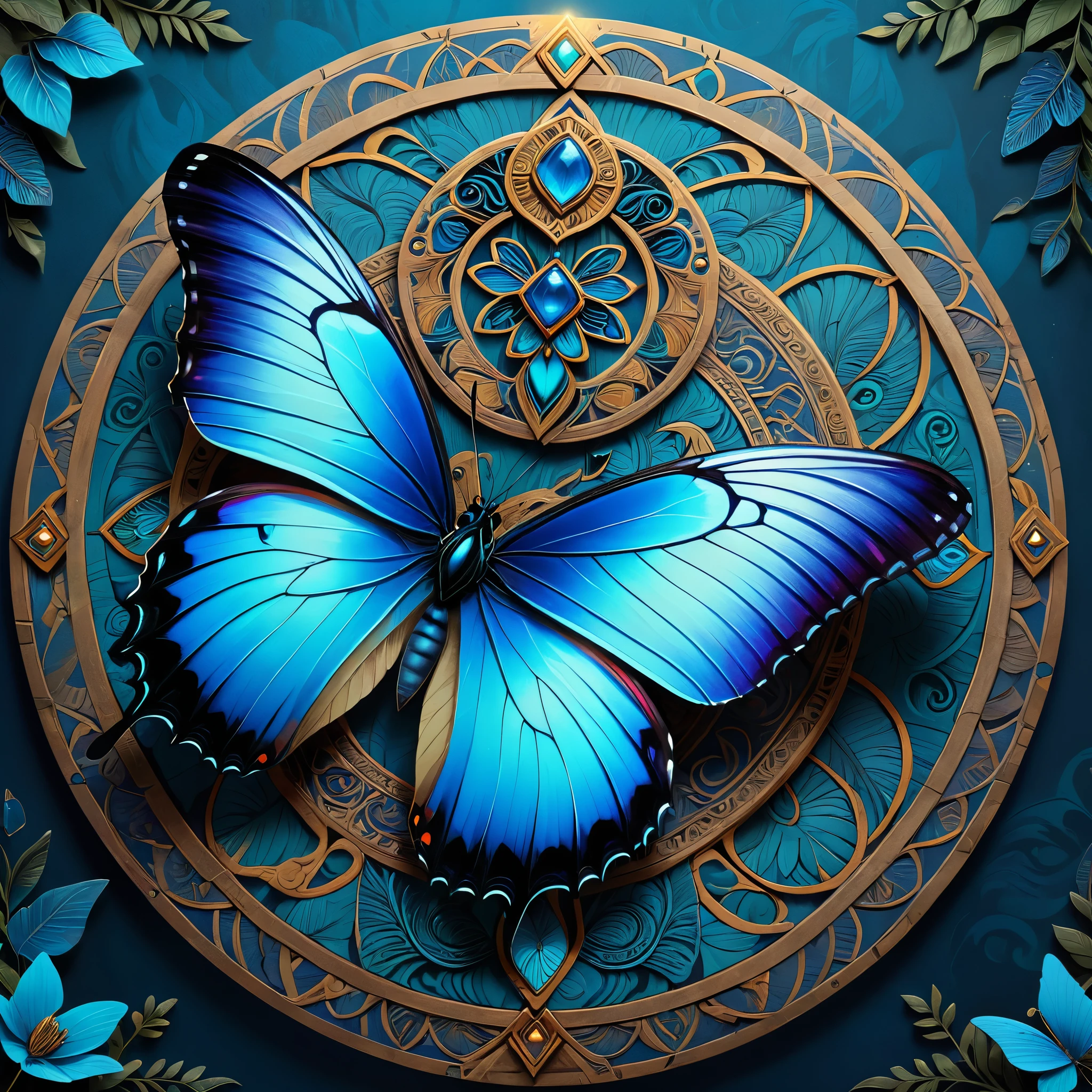 A blue butterfly, ancient totem, mysterious color palette, ancient vibes, intricate textures, mysterious symbols, ancient rituals, deep background,illustration,painted,medium,detailed textures,highres,(best quality,4k,8k,highres,masterpiece:1.2),ultra-detailed,(realistic,photorealistic,photo-realistic:1.37),mystical,ancient style,detailed linework,vibrant colors,subtle color grading,ethereal lighting