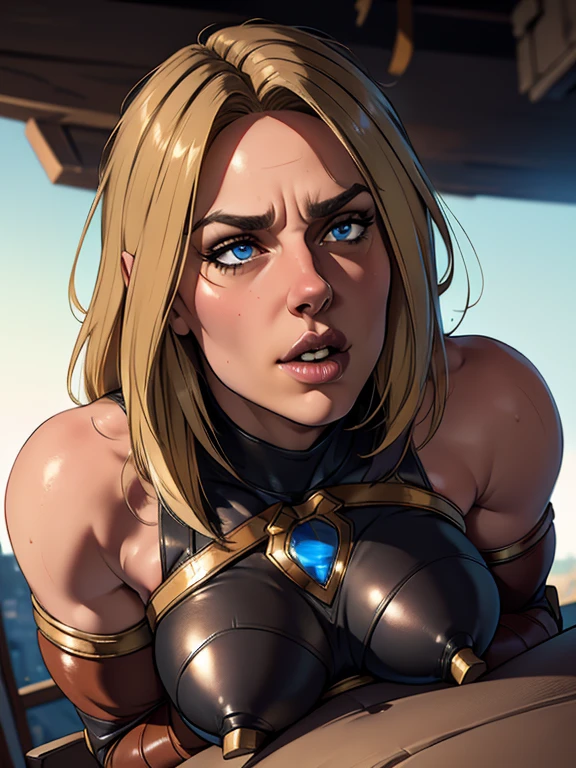 (best quality,4k,8k,highres,masterpiece:1.2),ultra-detailed,(realistic,photorealistic,photo-realistic:1.37),beautiful ((Power girl)),muscular,beautiful detailed eyes,beautiful detailed lips,longeyelashes,dark blond hair cascading down her shoulders,black leather pants,light beige sweater,full body,strong lighting,soft warm colors,blurred background,neutral expression, restrained in a sunlit city in ruins, (cameltoe), ((bound, restrained, kidnapped)), (((chained))), (((beaten by men))), (((hit in cheek:1.2)))