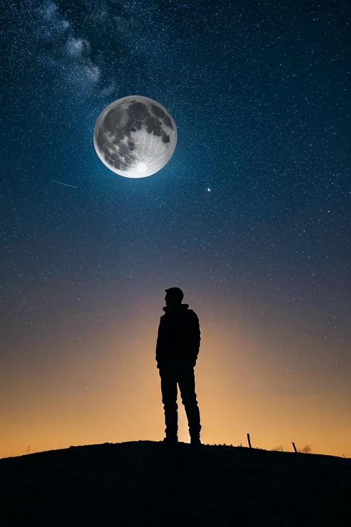 highest quality,Big moon and shadow,A silhouette of a person can be seen against the backdrop of a large moon.,There is one full moon,There is a mood,Beautiful scenery,Starry Sky