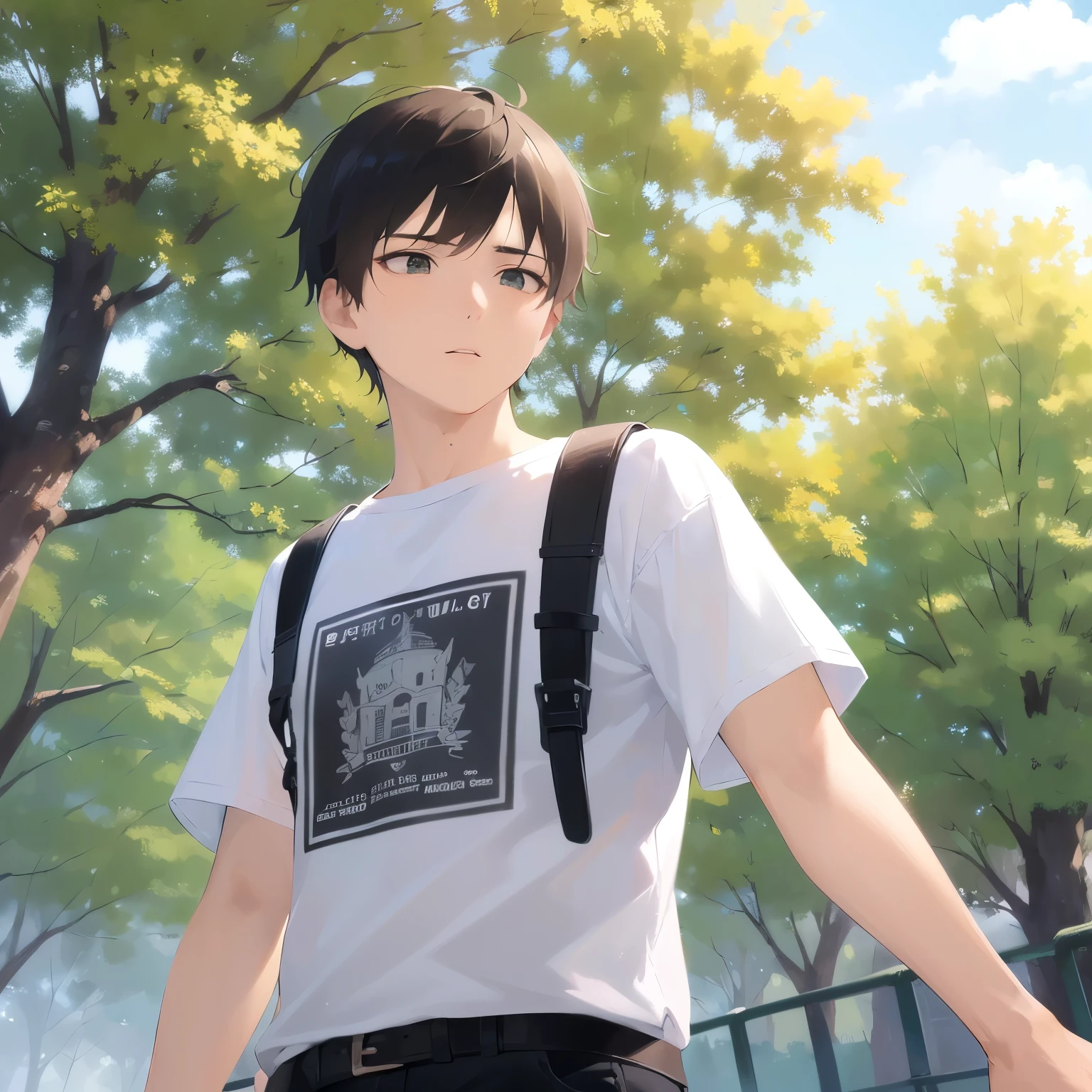 Shooting from below, (looking away:1.5), masterpiece、highest quality、(25-year-old male:1.5) and (Brown short hair) and (Green Eyes), White T-shirt、Are standing、surprised、oepn mouth, The background is a park、(Alone:1.5)、Upper body is shown、