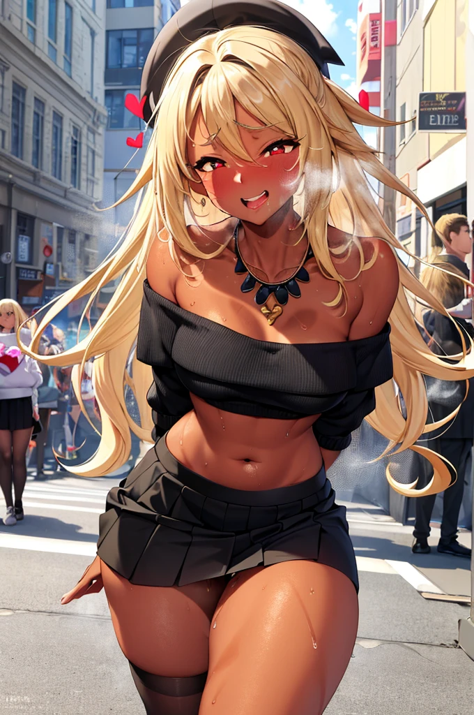 (nsfw),masterpiece,ultra detailed,sharp focus,4k digital art,high resolution,(standing at crowded street,outdoor),(aroused:1.5),(off-the-shoulder sweater,black skirt,necklace),(blonde hair,medium straight hair),(sweaty:1.2),(tanned skin:1.3),grinning,(trembling,flying heart-shapes:1.2),drooling,heart shaped pupils,skirt lifted,