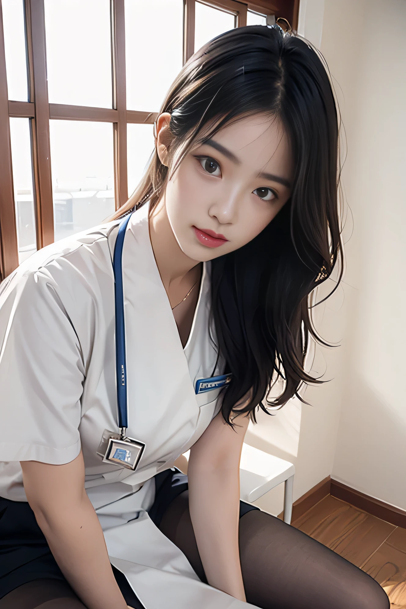 (masterpiece:1.3)、Very fine finish、(High resolution、8K:1.3)、(Highest quality)、(Ultra-realistic as a photo:1.3)、Professional portrait、Professional Writing、Correct limbs、Anatomically correct, The face is in focus、(Face close-up:1.3)、 超High resolutionの顔、The face is in focus、Ultra high definition and beautiful eyes、(Concentrated eyes、Eyes that are not too big、Eyes are symmetrical:1.3)、High quality and beautiful skin、Firm Skin、Ultra HD Hair Texture、Japanese women、20-year-old、very cute, Half Up:1.3, nurse、nurse break (White nursing uniform、white nurse uniform:1.3),Hospital room, (Embarrassing:1.3), (blush:1.3), (Strange facial expression:1.3), Mr..々Shooting angle:1.3, View your viewers, Browsing Caution, (All fours pose:1.3)、Risky pose、Mouth slightly open、Mid-chest