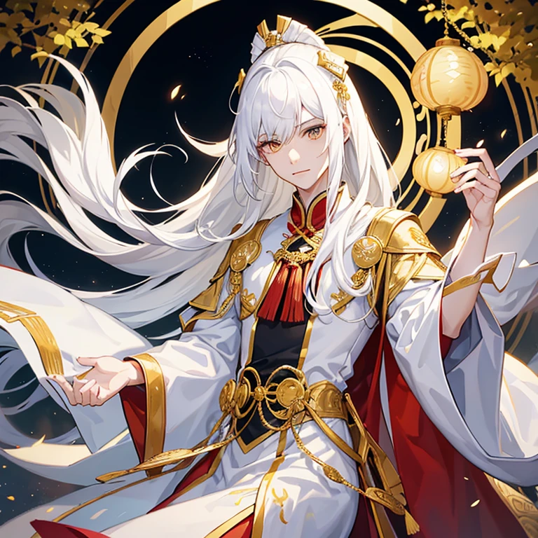 Handsome young man, slim build, pale complexion, long white hair loose with an ancient Chinese high tail hairstyle, pointed ears, golden eyes, white and gold clothes of an ancient Chinese imperial prince, golden jewelry with white gems.
