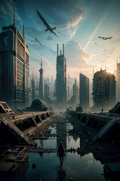 highest quality、A ruined futuristic city、dim、Surrealism